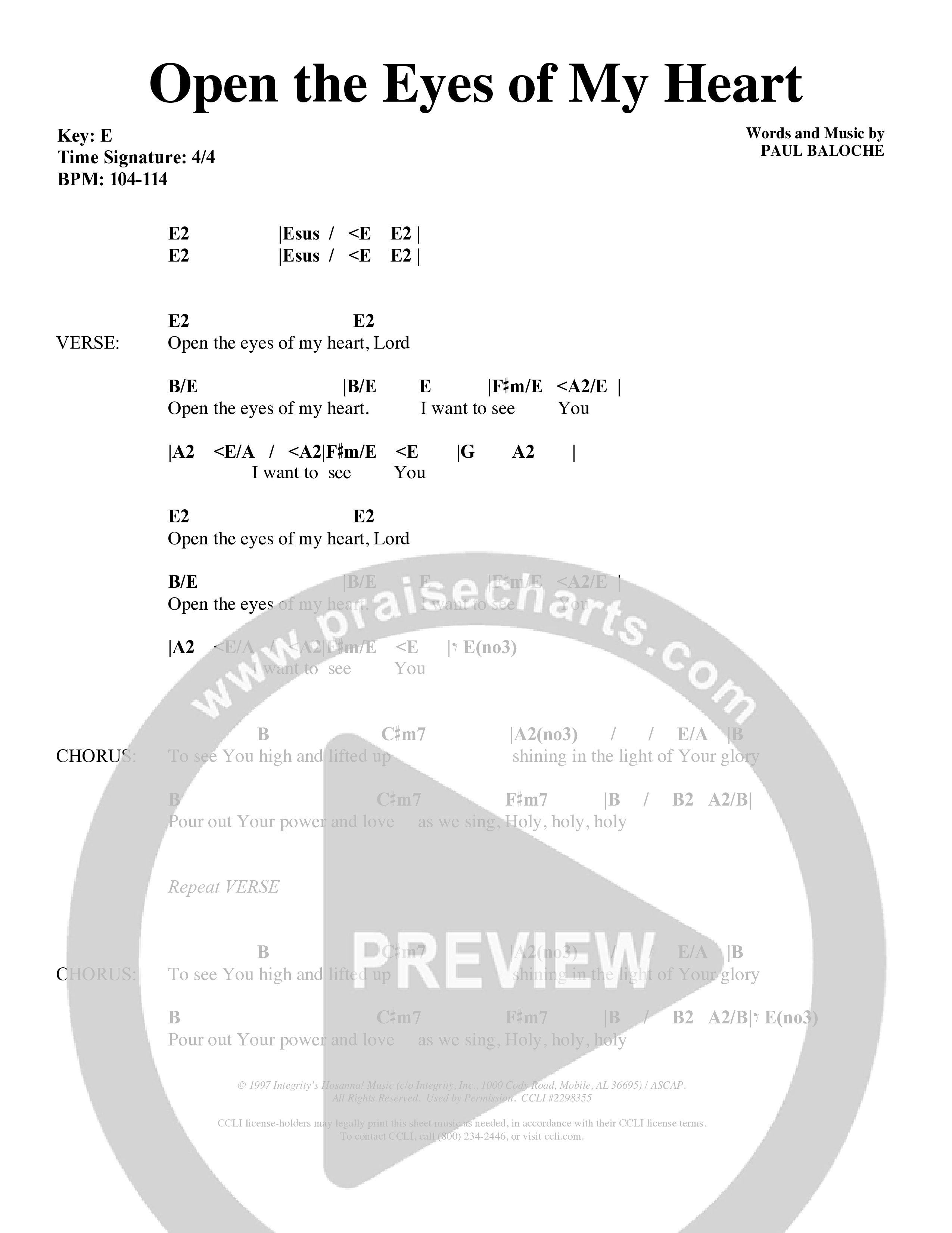 Open The Eyes Of My Heart (Choral Anthem SATB) Chords & Lyrics (Word Music Choral / Orch. Billy Payne)