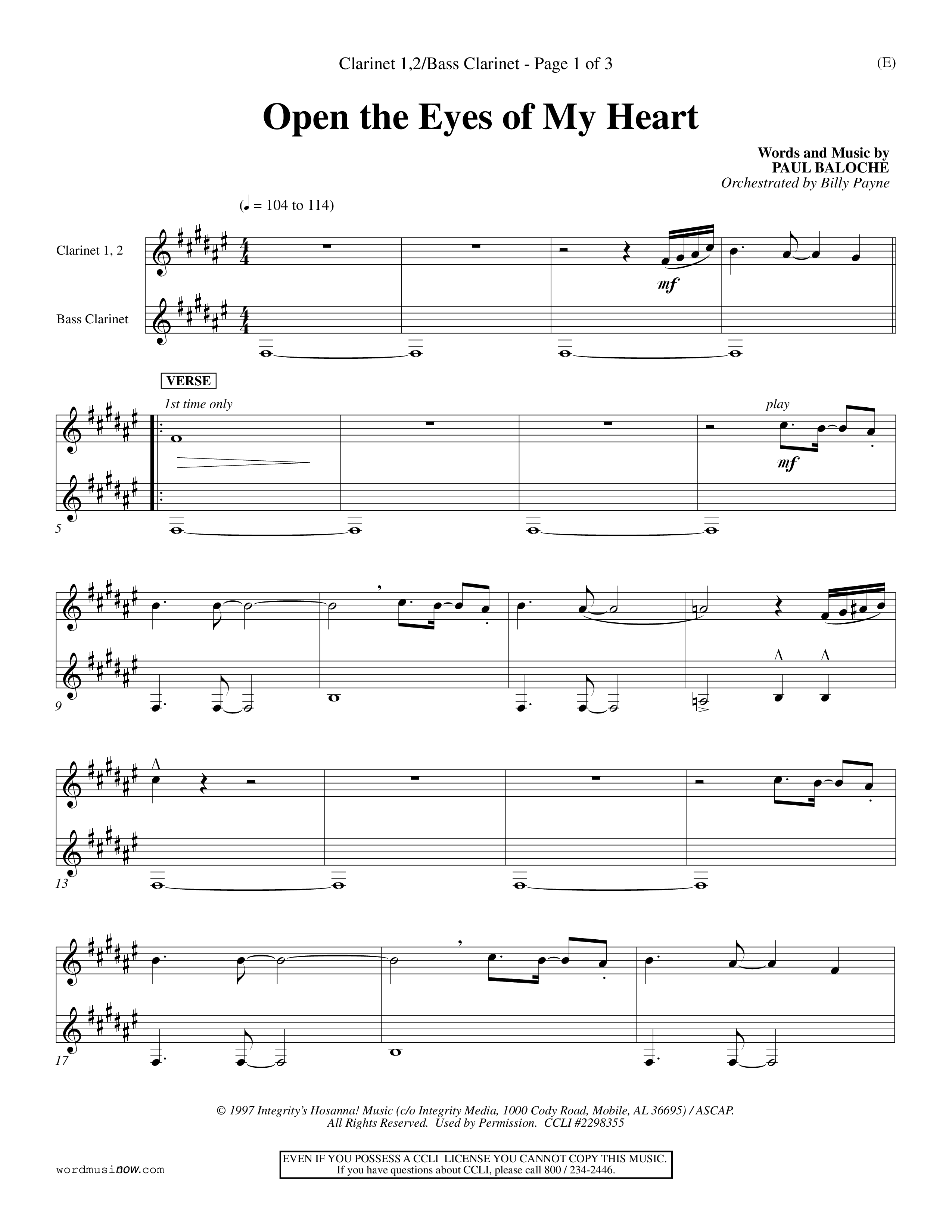 Open The Eyes Of My Heart (Choral Anthem SATB) Clarinet 1/2, Bass Clarinet (Word Music Choral / Orch. Billy Payne)