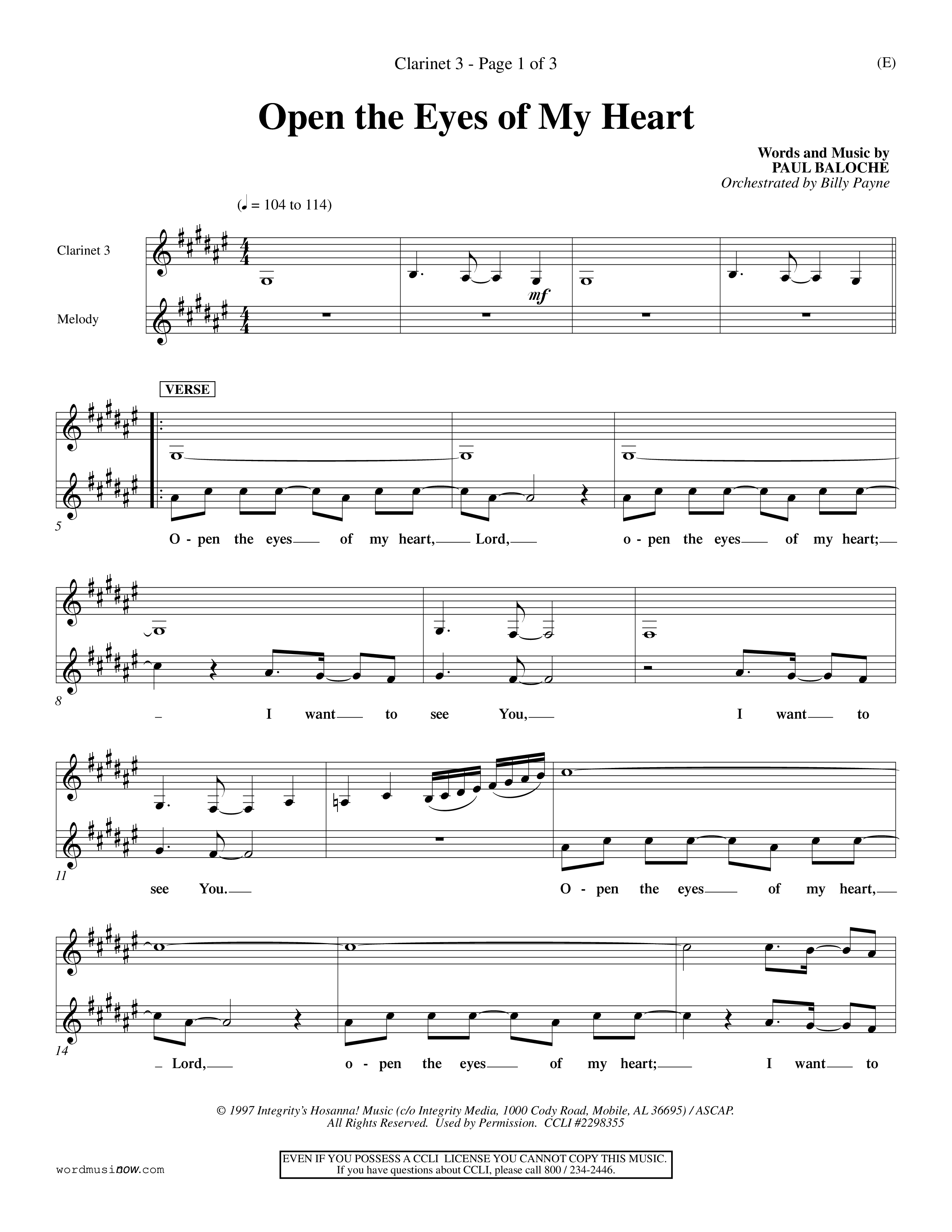Open The Eyes Of My Heart (Choral Anthem SATB) Clarinet 3 (Word Music Choral / Orch. Billy Payne)
