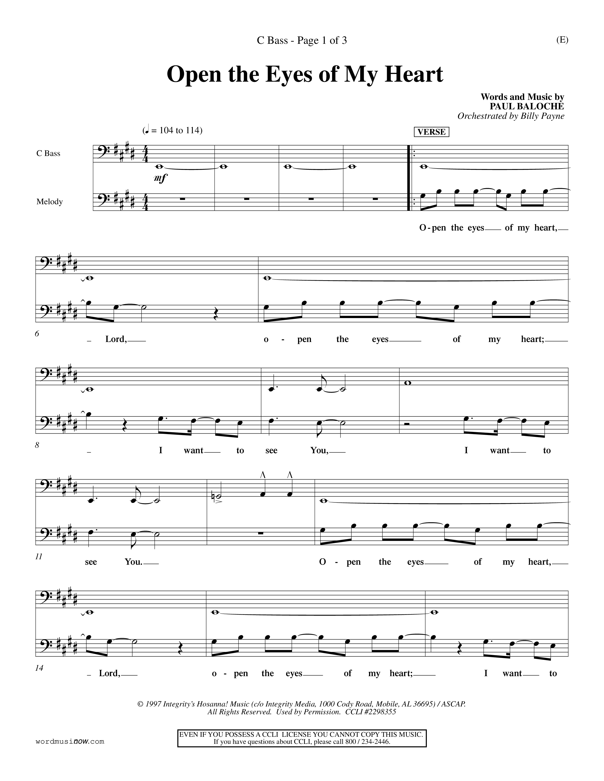Open The Eyes Of My Heart (Choral Anthem SATB) Contrabass (Word Music Choral / Orch. Billy Payne)