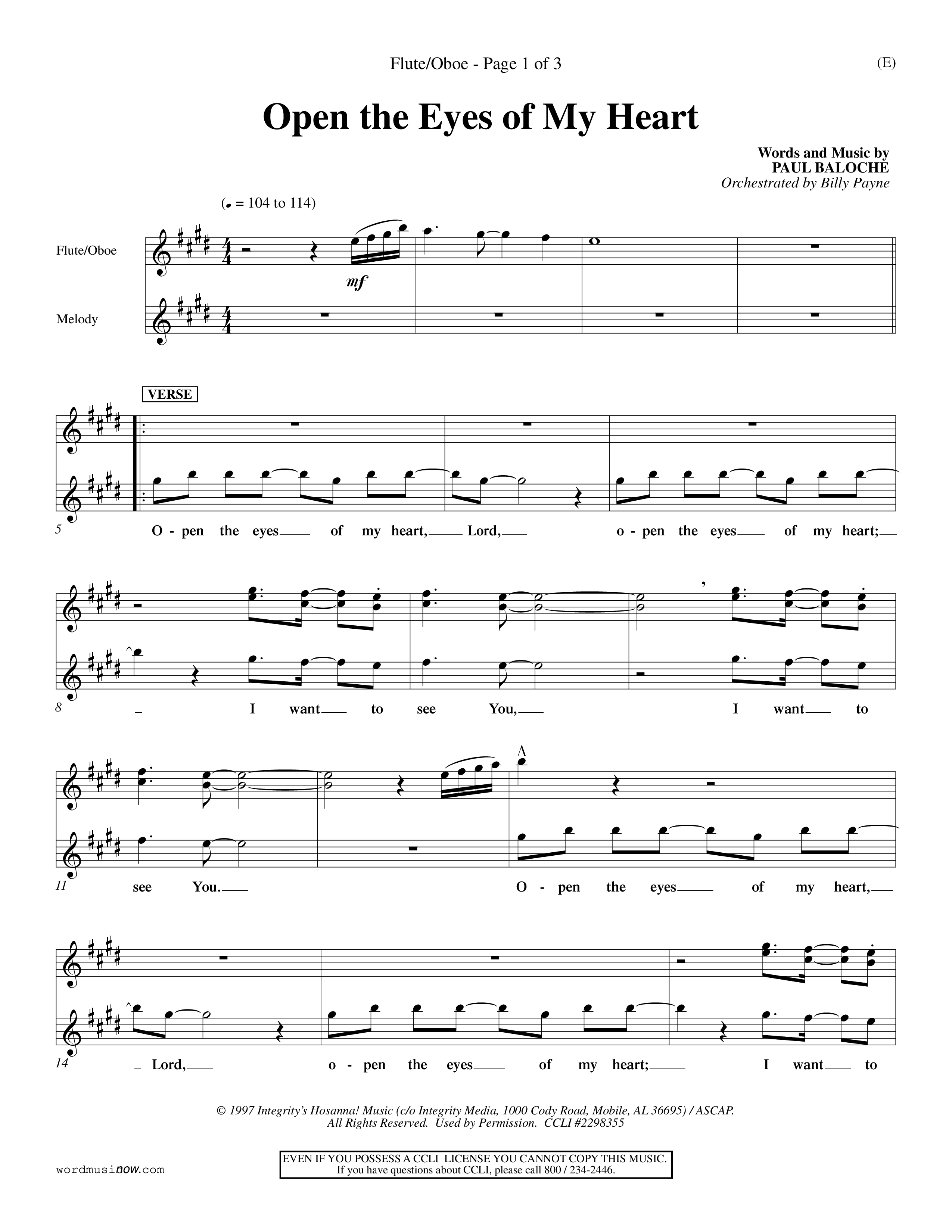 Open The Eyes Of My Heart (Choral Anthem SATB) Flute/Oboe (Word Music Choral / Orch. Billy Payne)