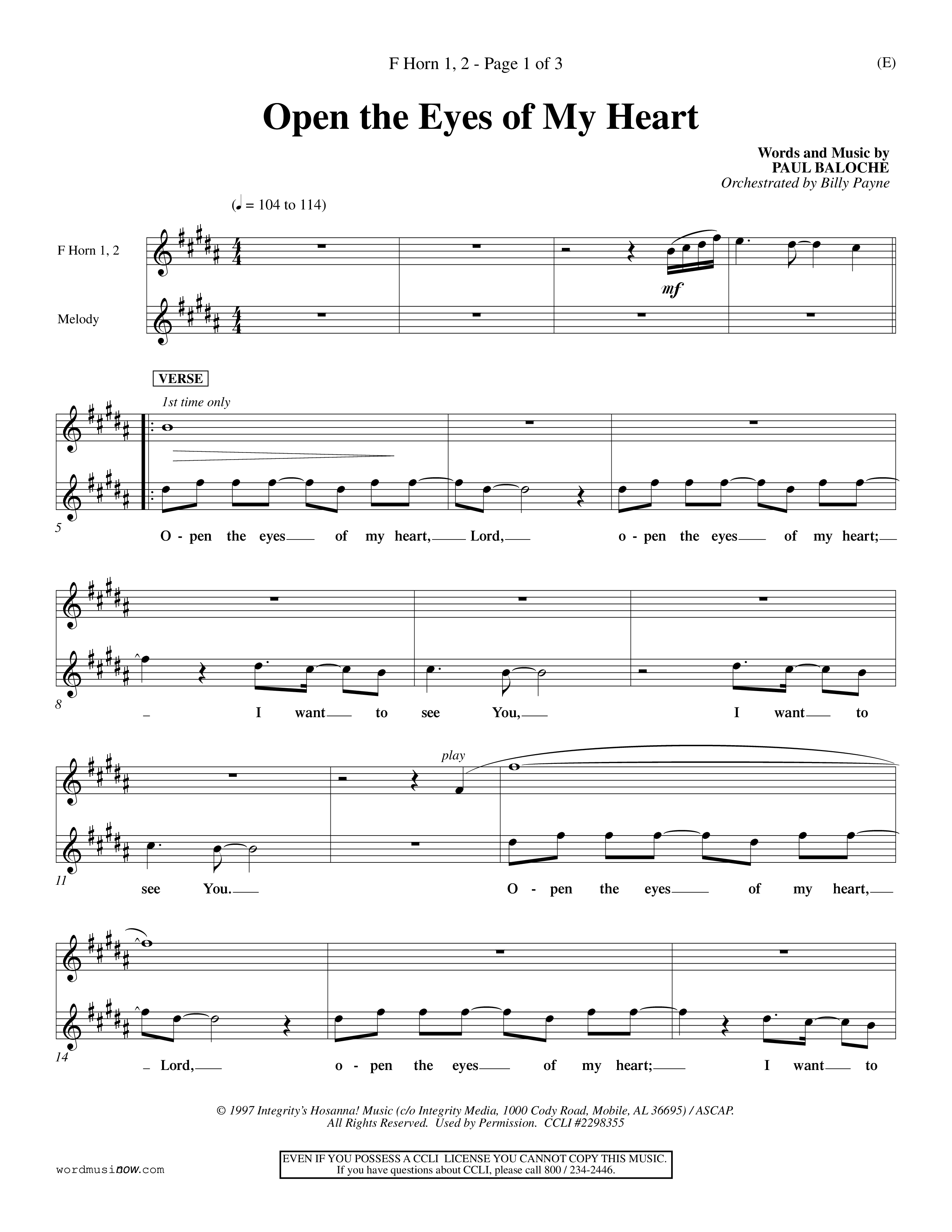 Open The Eyes Of My Heart (Choral Anthem SATB) French Horn (Word Music Choral / Orch. Billy Payne)
