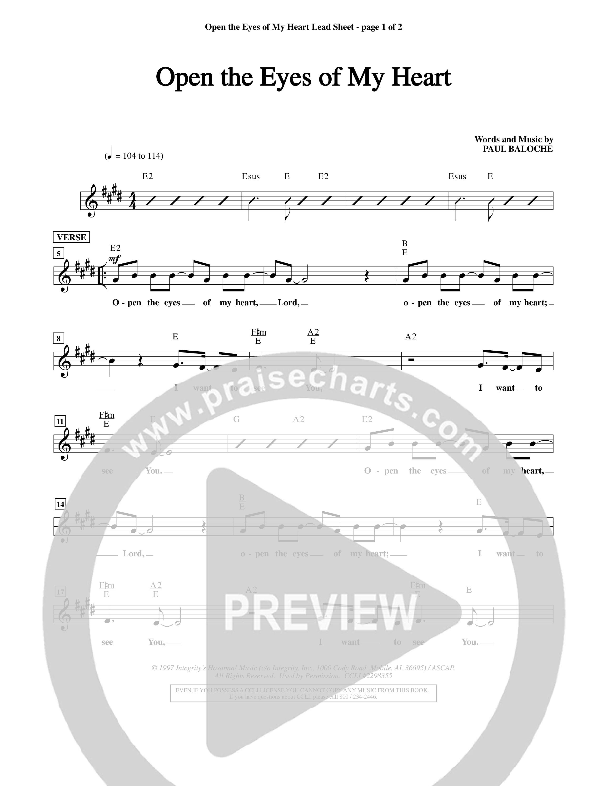 Open The Eyes Of My Heart (Choral Anthem SATB) Lead Sheet (Word Music Choral / Orch. Billy Payne)