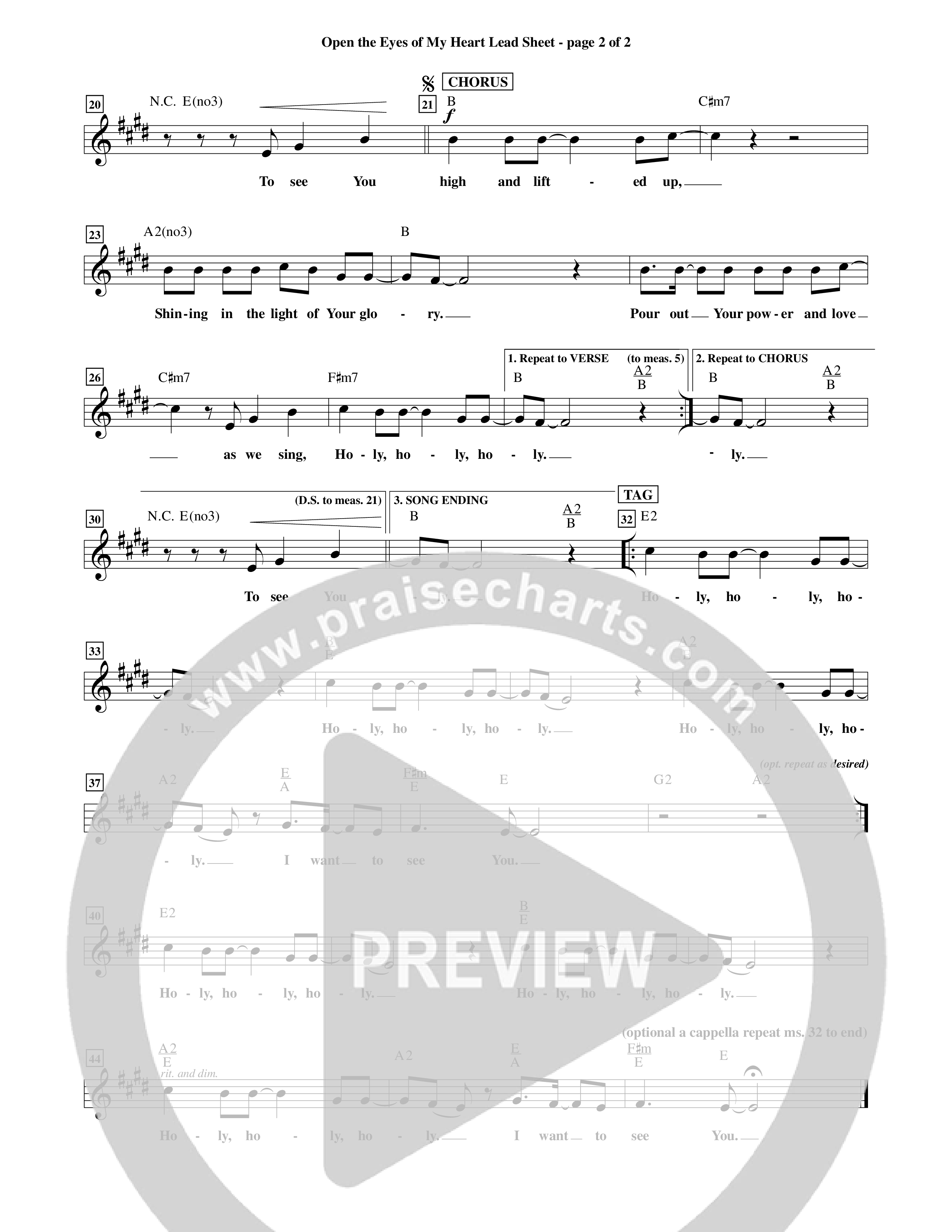 Open The Eyes Of My Heart (Choral Anthem SATB) Lead Sheet (Word Music Choral / Orch. Billy Payne)