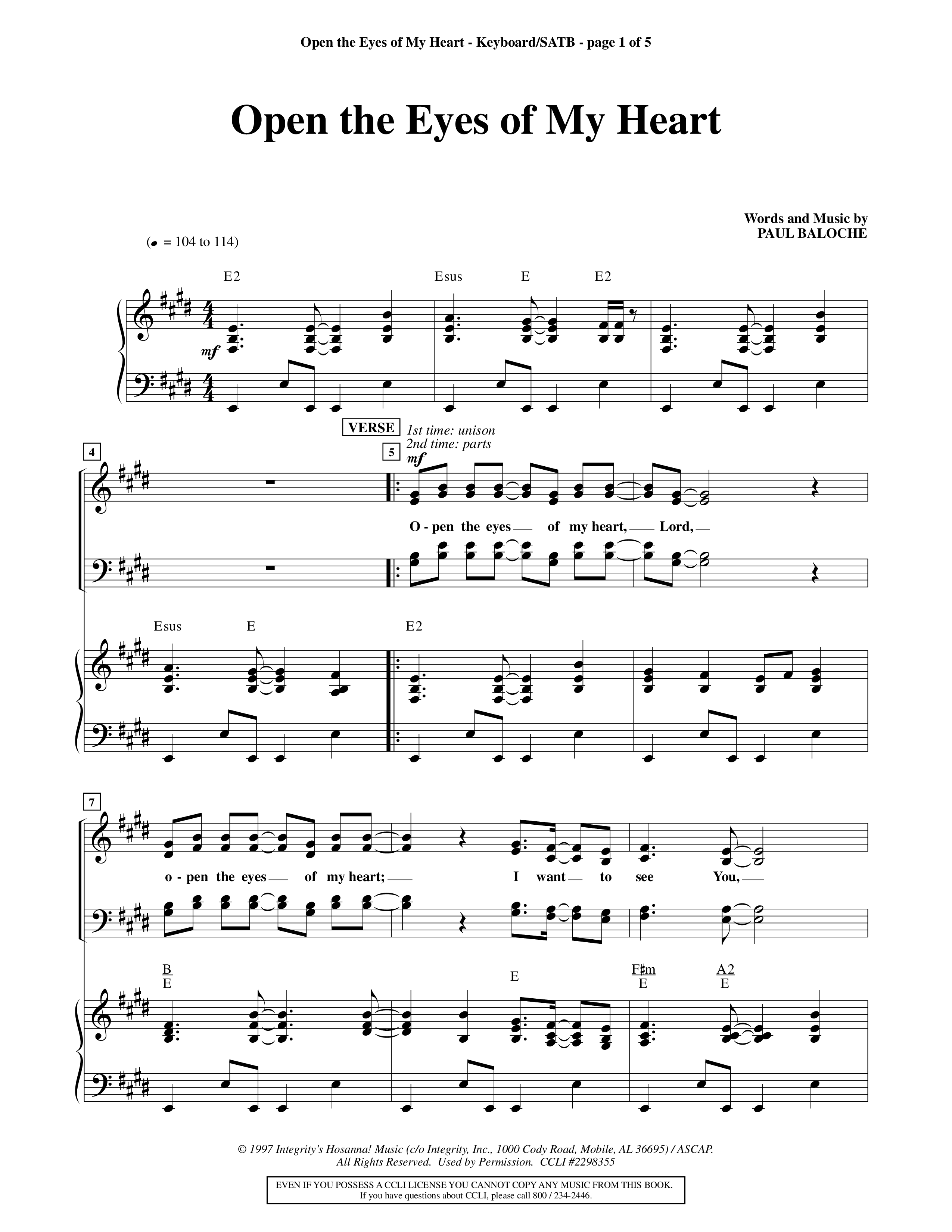 Open The Eyes Of My Heart (Choral Anthem SATB) Keyboard/Vocal (SATB) (Word Music Choral / Orch. Billy Payne)