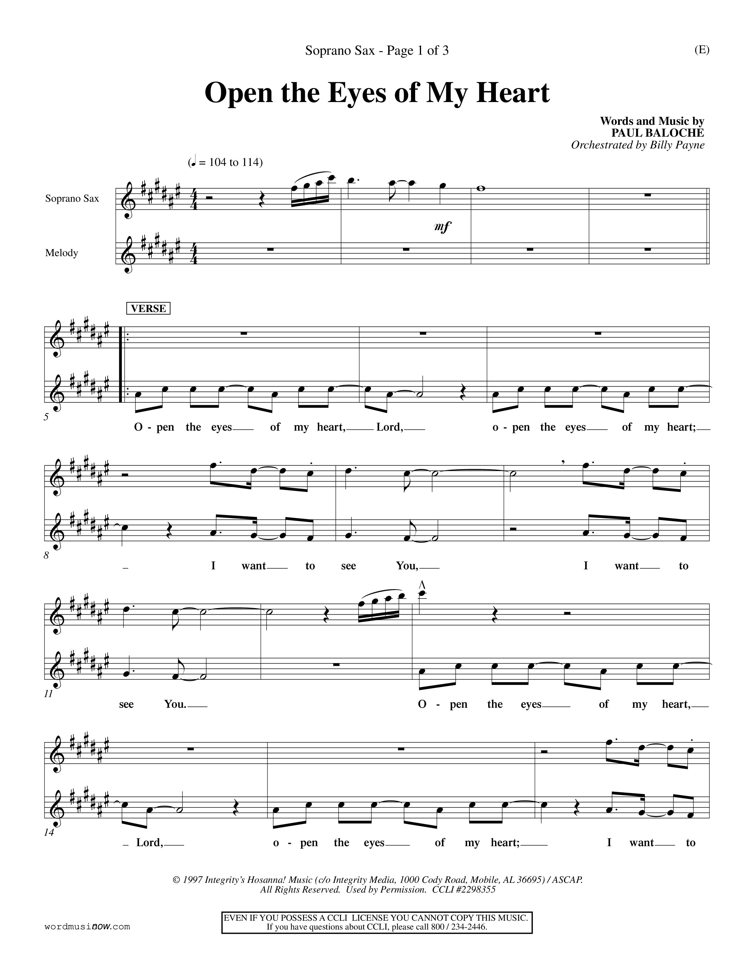 Open The Eyes Of My Heart (Choral Anthem SATB) Saxophone (Word Music Choral / Orch. Billy Payne)