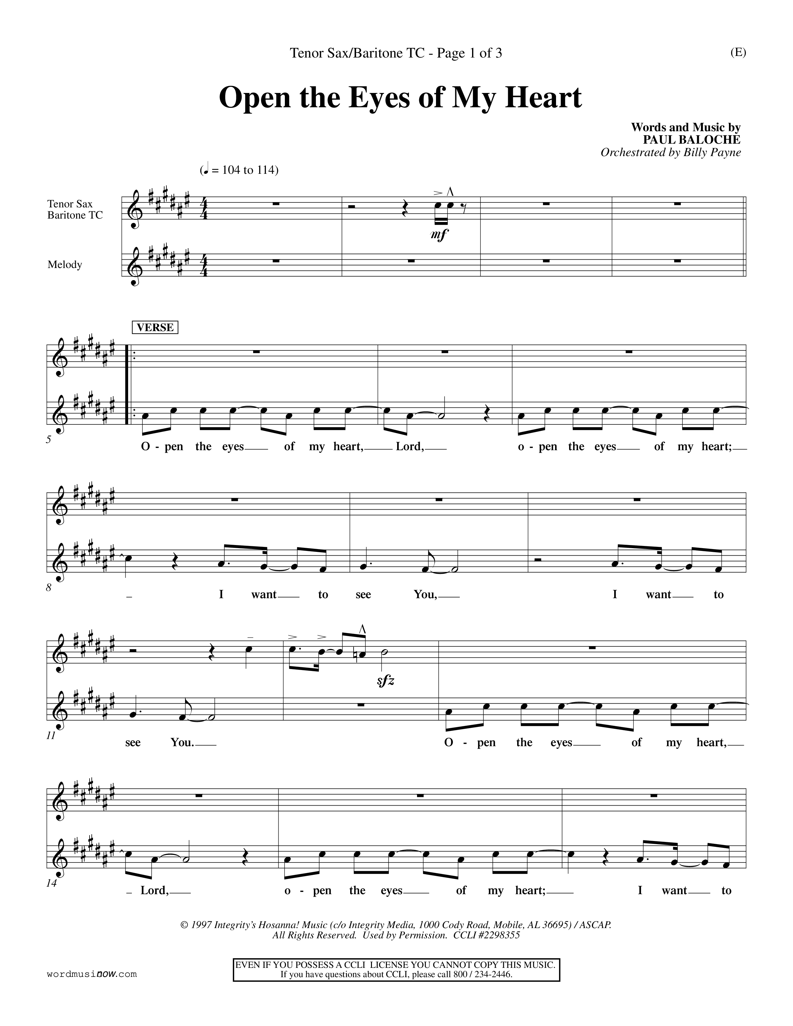 Open The Eyes Of My Heart (Choral Anthem SATB) Tenor Sax/Baritone T.C. (Word Music Choral / Orch. Billy Payne)