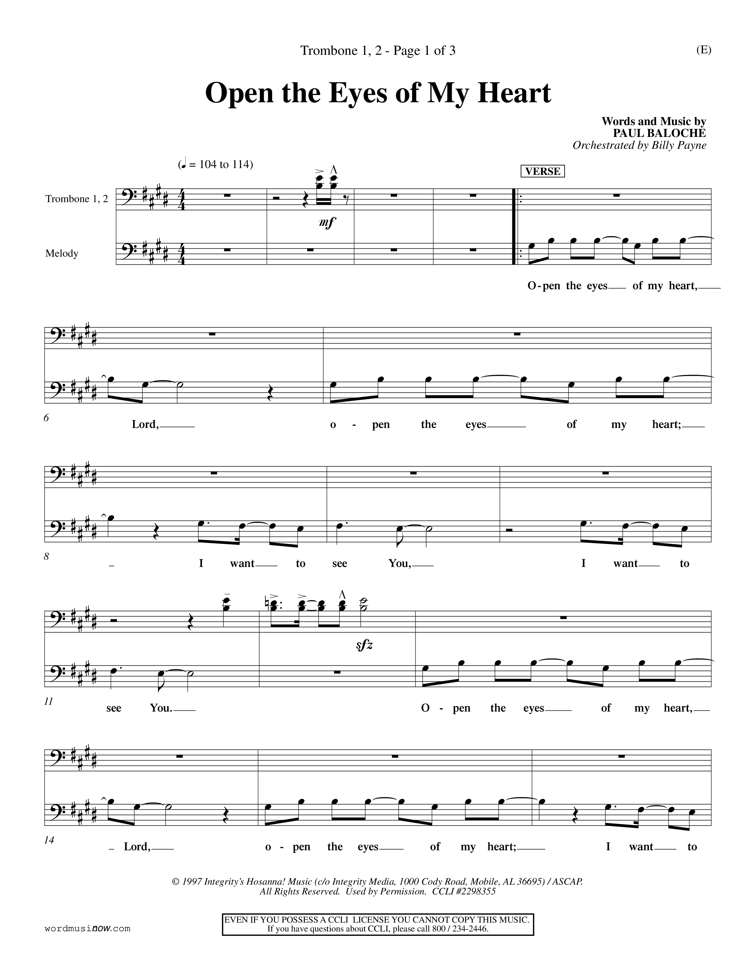 Open The Eyes Of My Heart (Choral Anthem SATB) Trombone 1/2 (Word Music Choral / Orch. Billy Payne)