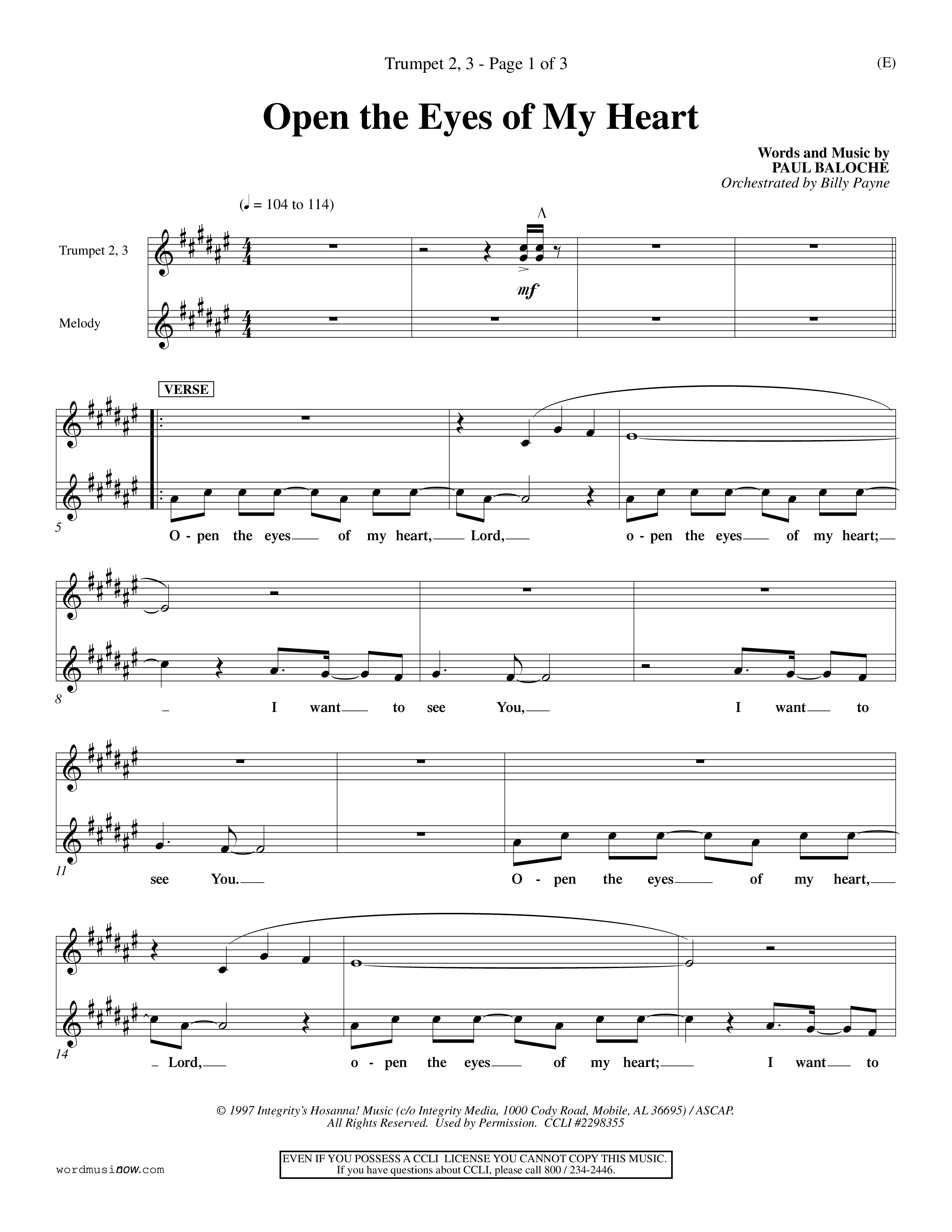 Open The Eyes Of My Heart (Choral Anthem SATB) Trumpet 2/3 (Word Music Choral / Orch. Billy Payne)