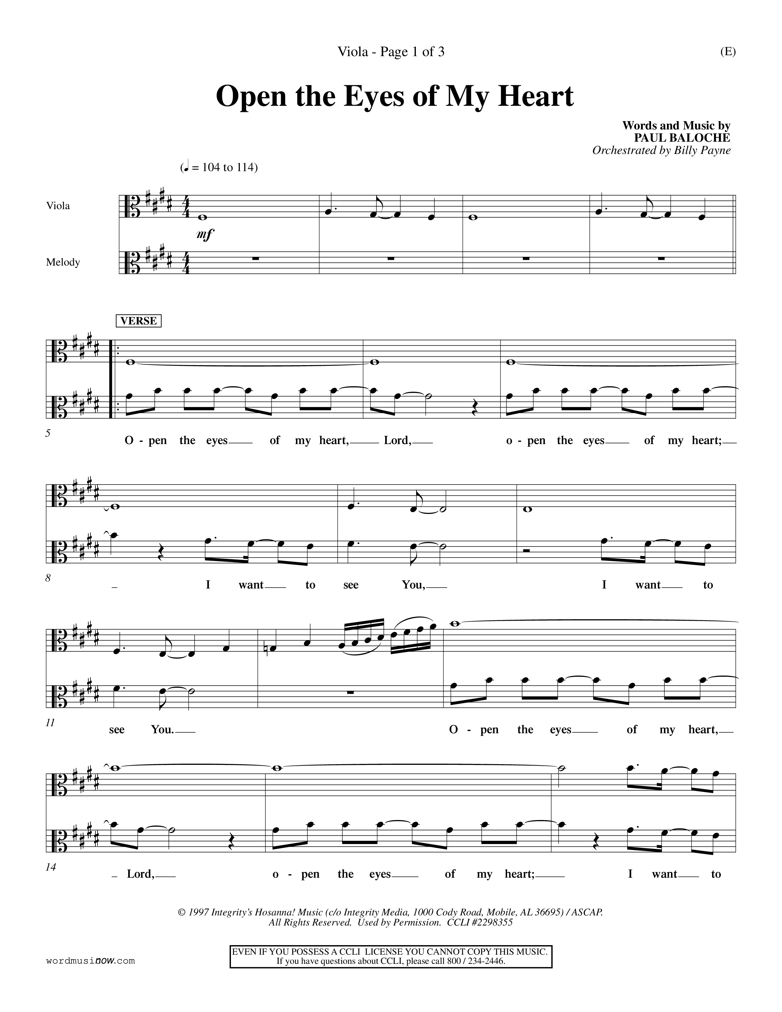Open The Eyes Of My Heart (Choral Anthem SATB) Viola (Word Music Choral / Orch. Billy Payne)