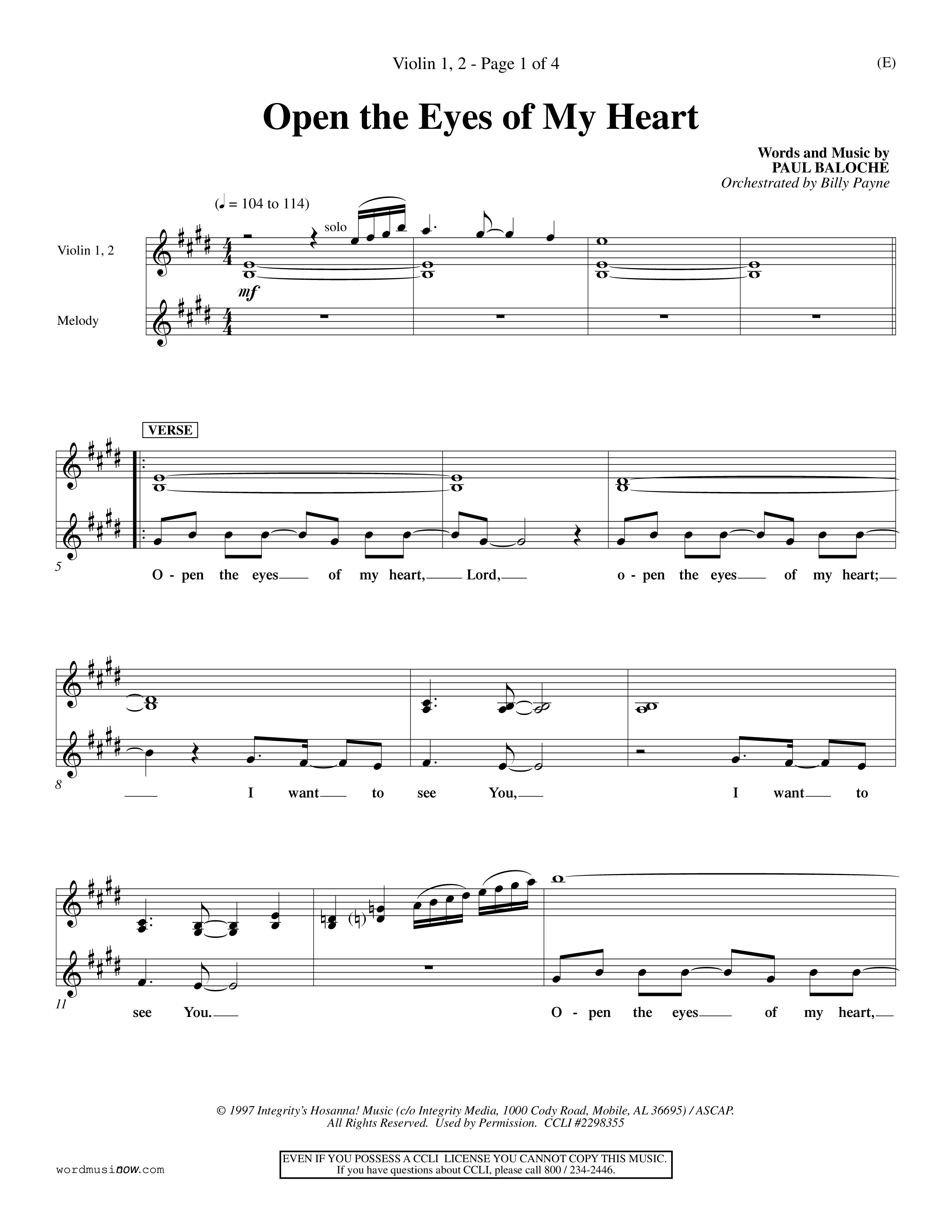 Open The Eyes Of My Heart (Choral Anthem SATB) Violin 1/2 (Word Music Choral / Orch. Billy Payne)
