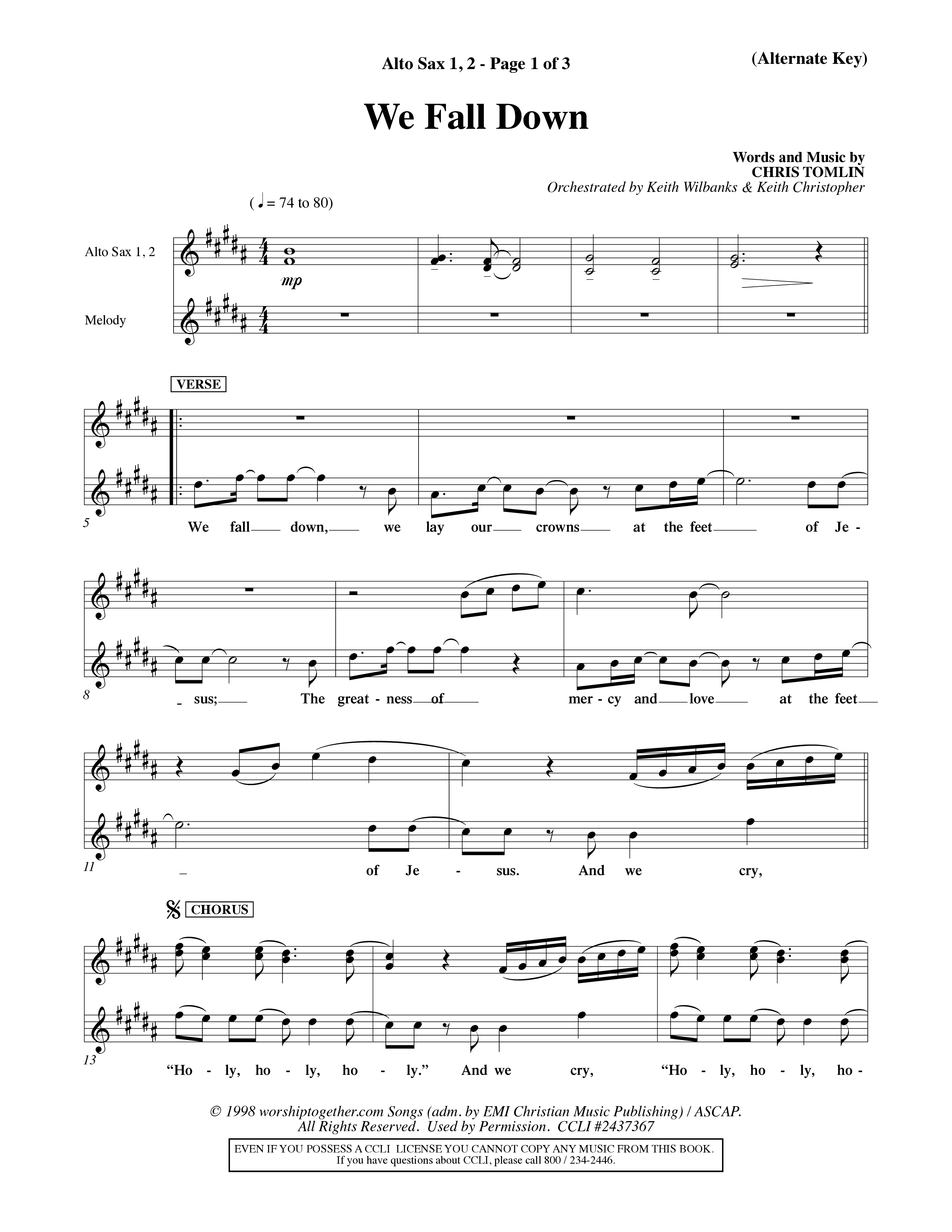 We Fall Down (Choral Anthem SATB) Alto Sax 1/2 (Word Music Choral / Orch. Keith Wilbanks / Orch. Keith Christopher)