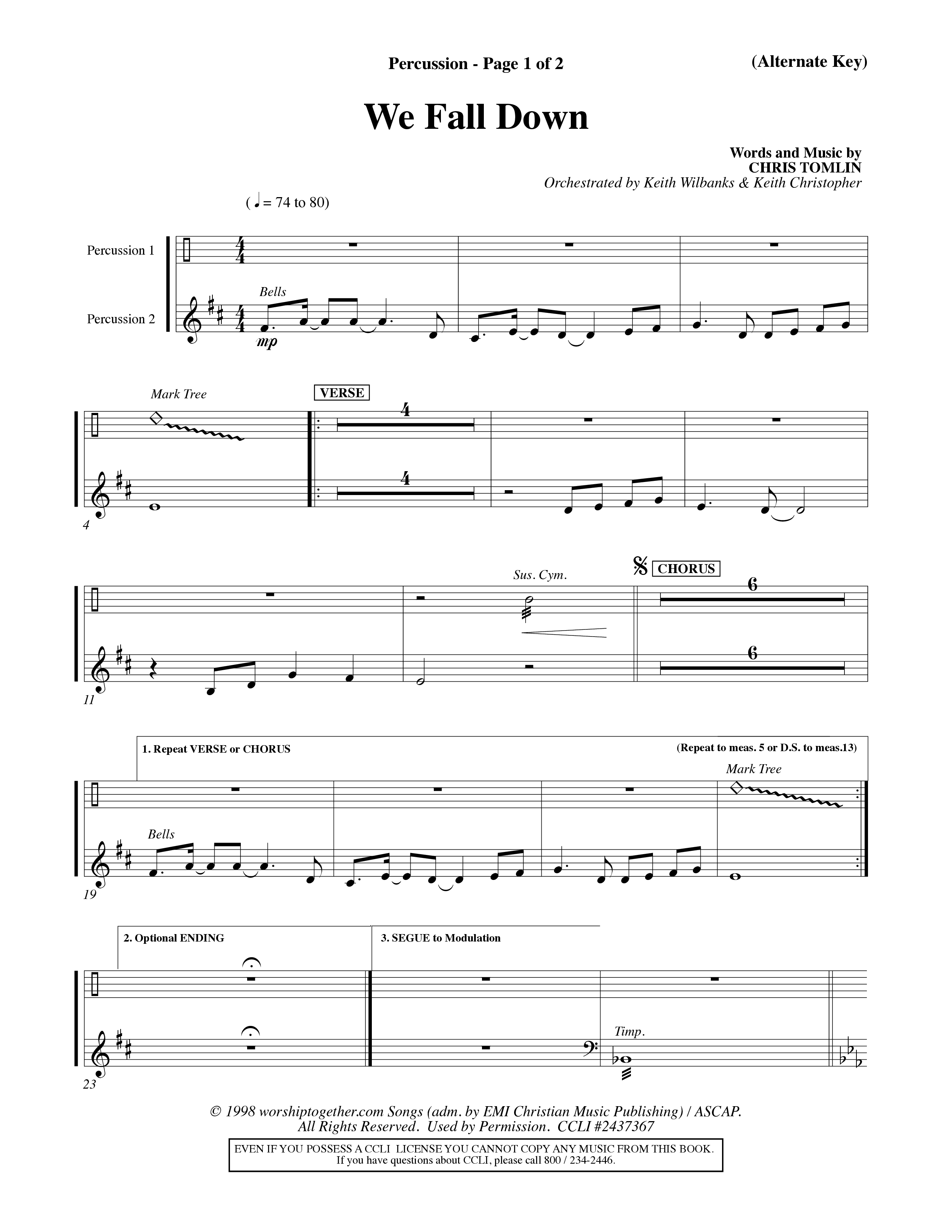 We Fall Down (Choral Anthem SATB) Percussion 1/2 (Word Music Choral / Orch. Keith Wilbanks / Orch. Keith Christopher)