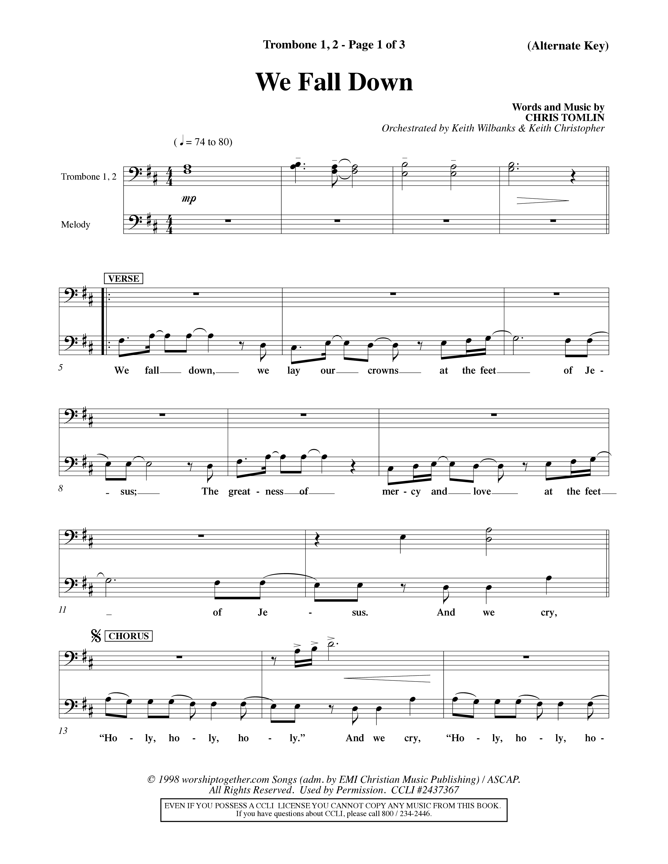 We Fall Down (Choral Anthem SATB) Trombone 1/2 (Word Music Choral / Orch. Keith Wilbanks / Orch. Keith Christopher)