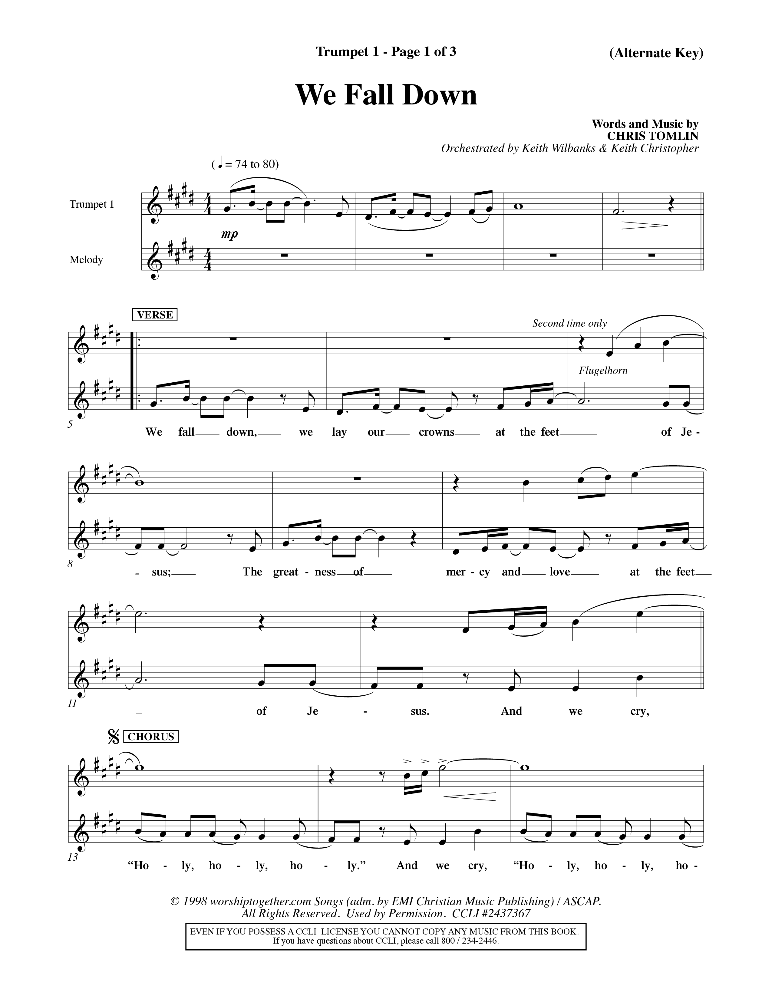 We Fall Down (Choral Anthem SATB) Trumpet 1 (Word Music Choral / Orch. Keith Wilbanks / Orch. Keith Christopher)
