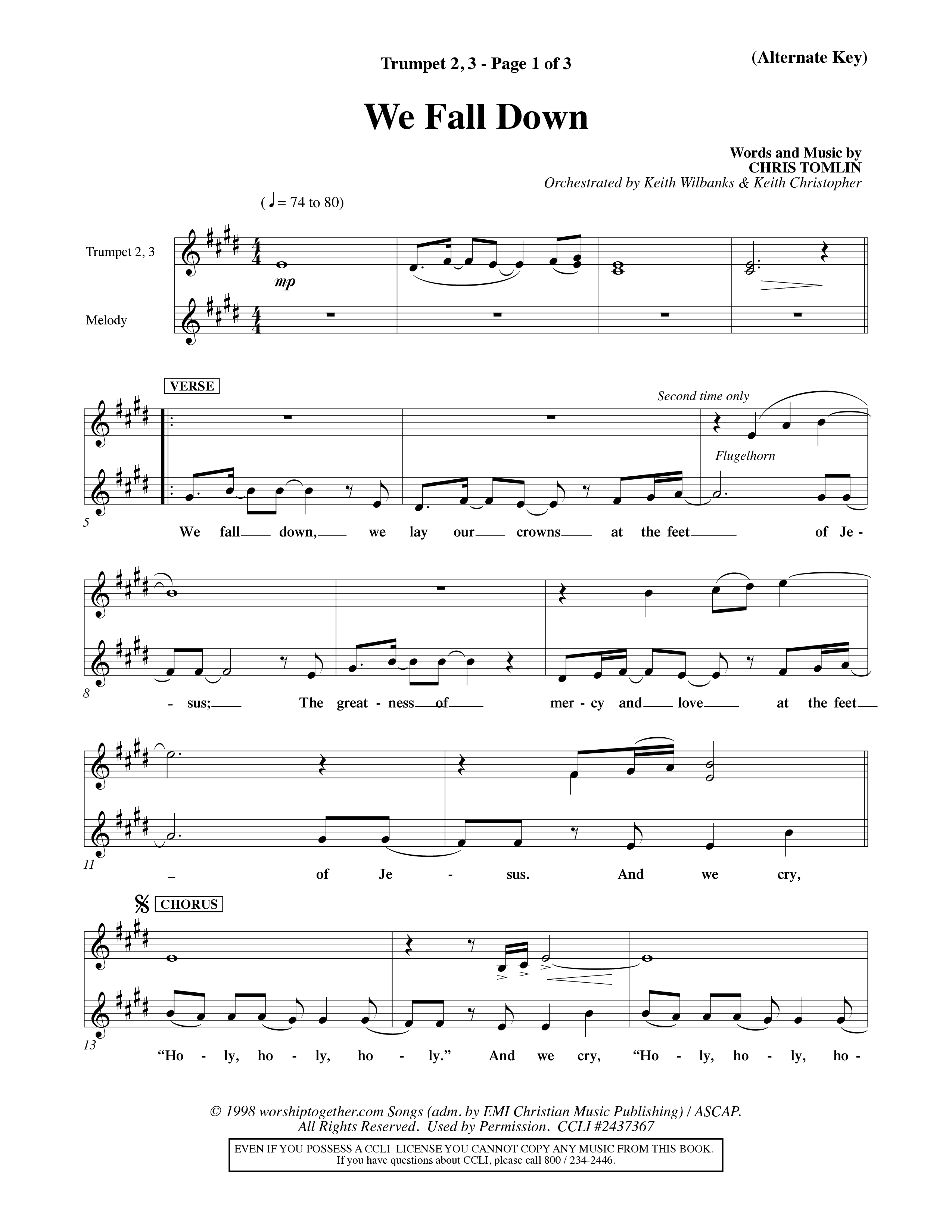 We Fall Down (Choral Anthem SATB) Trumpet 2/3 (Word Music Choral / Orch. Keith Wilbanks / Orch. Keith Christopher)