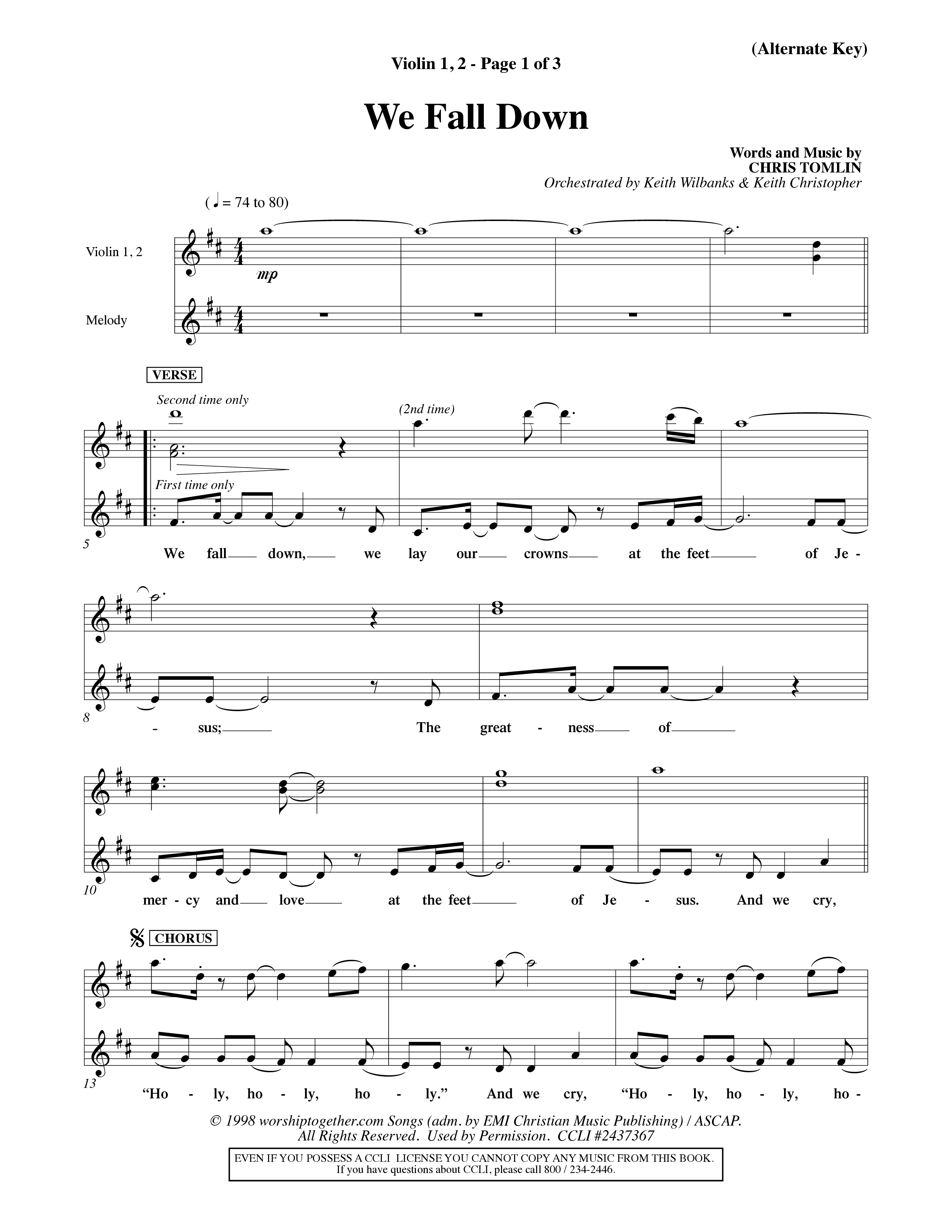 We Fall Down (Choral Anthem SATB) Violin 1/2 (Word Music Choral / Orch. Keith Wilbanks / Orch. Keith Christopher)