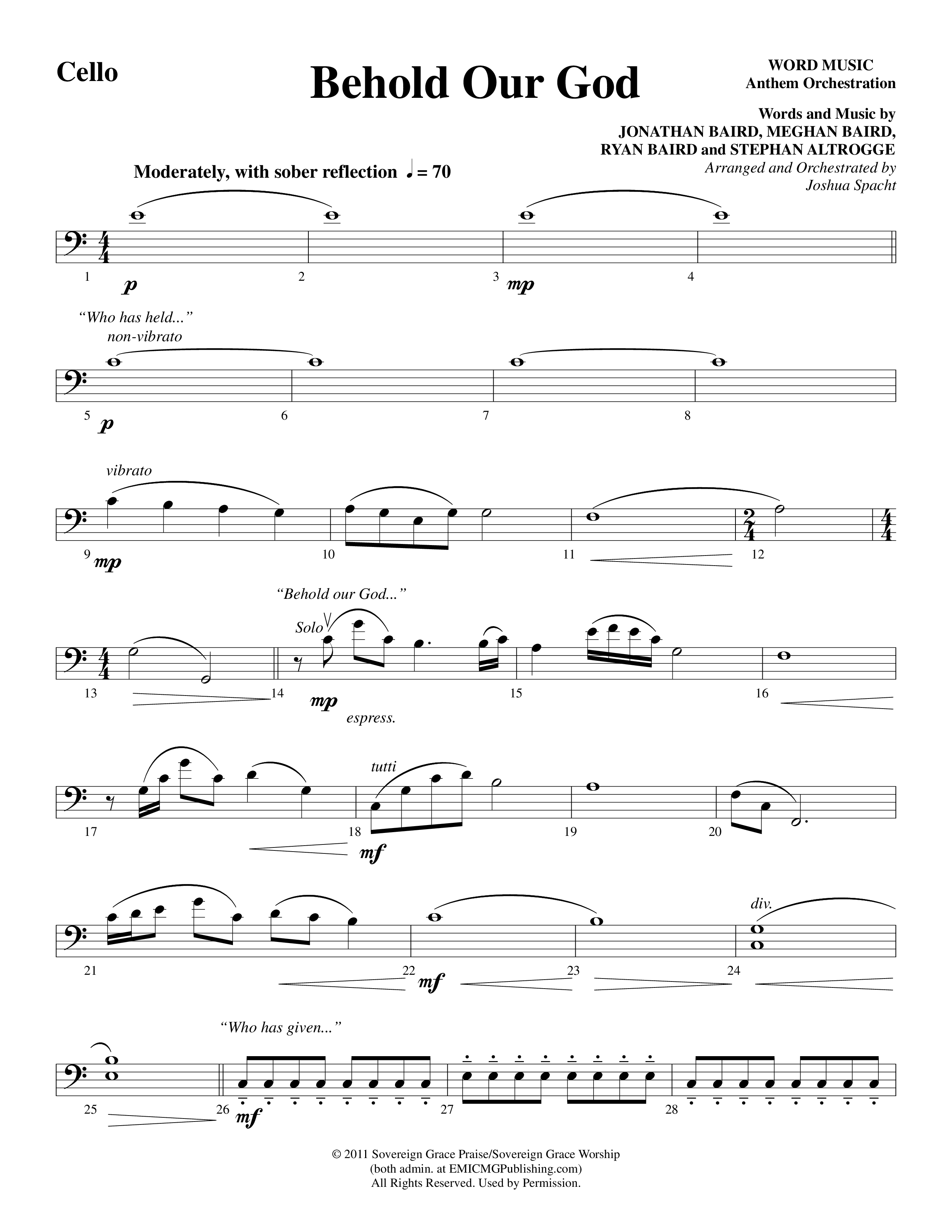 Behold Our God (Choral Anthem SATB) Cello (Word Music Choral / Arr. Joshua Spacht)
