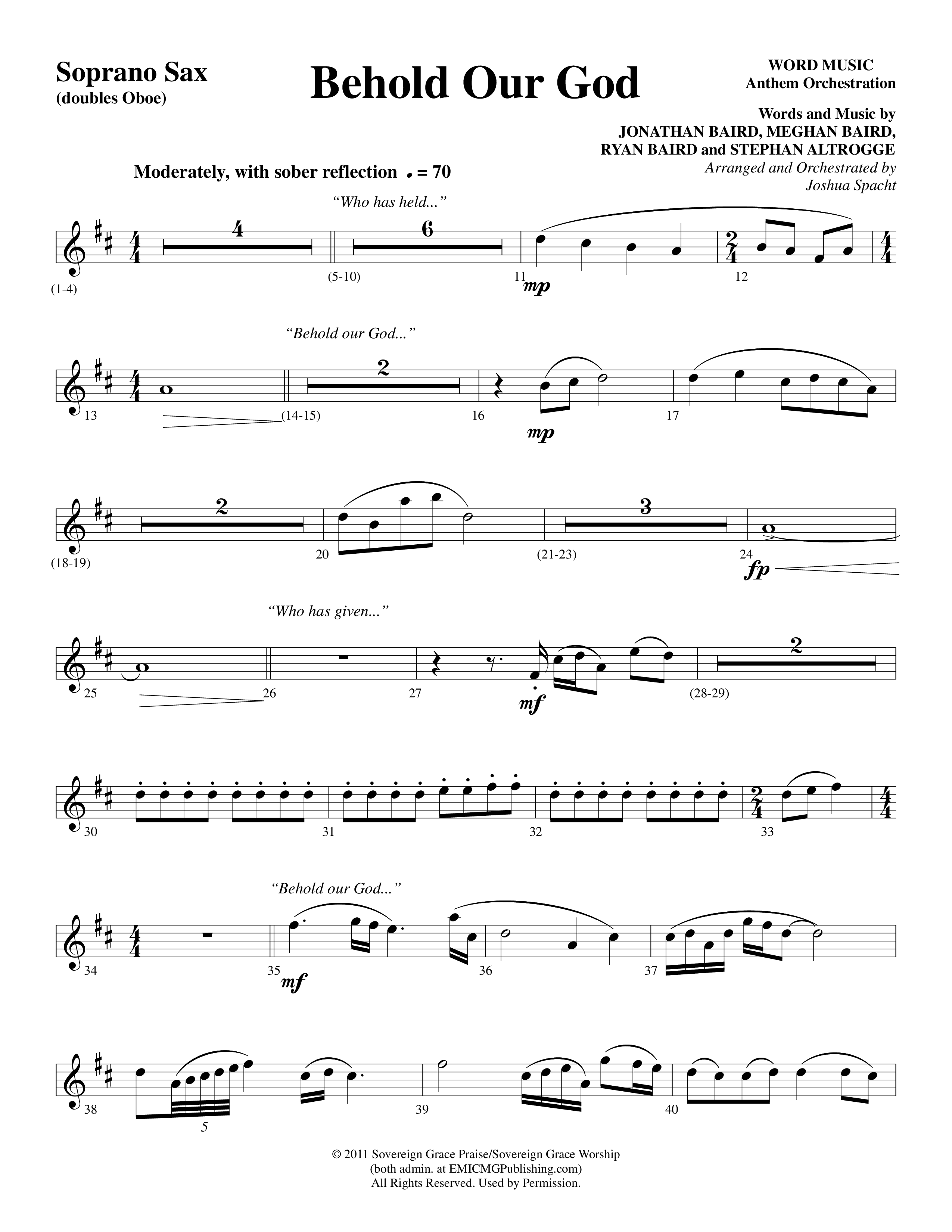 Behold Our God (Choral Anthem SATB) Soprano Sax (Word Music Choral / Arr. Joshua Spacht)