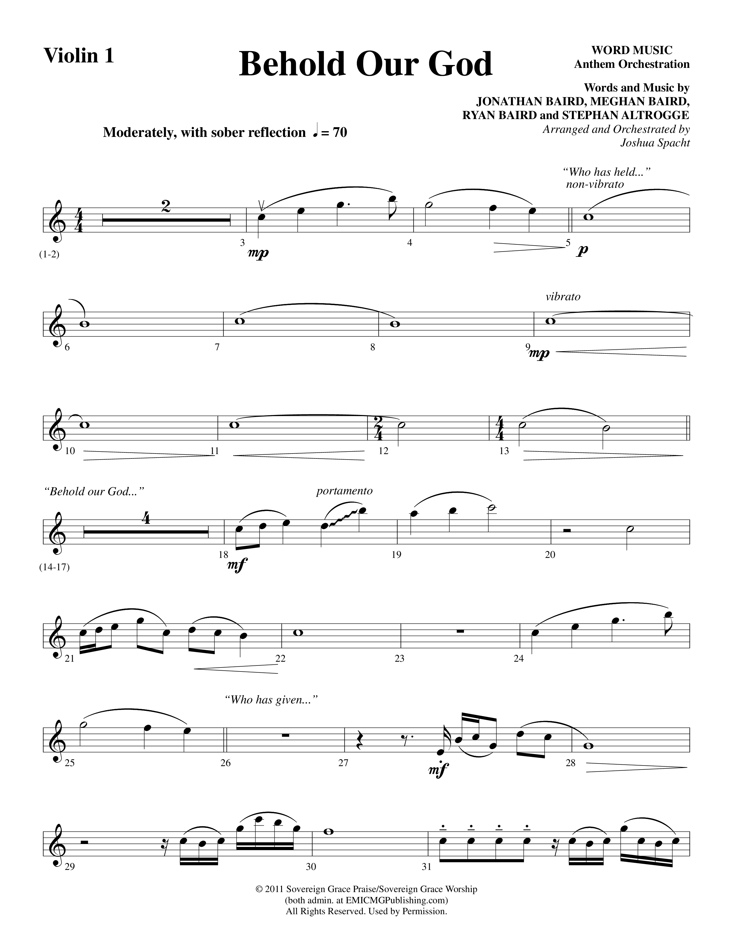 Behold Our God (Choral Anthem SATB) Violin 1/2 (Word Music Choral / Arr. Joshua Spacht)