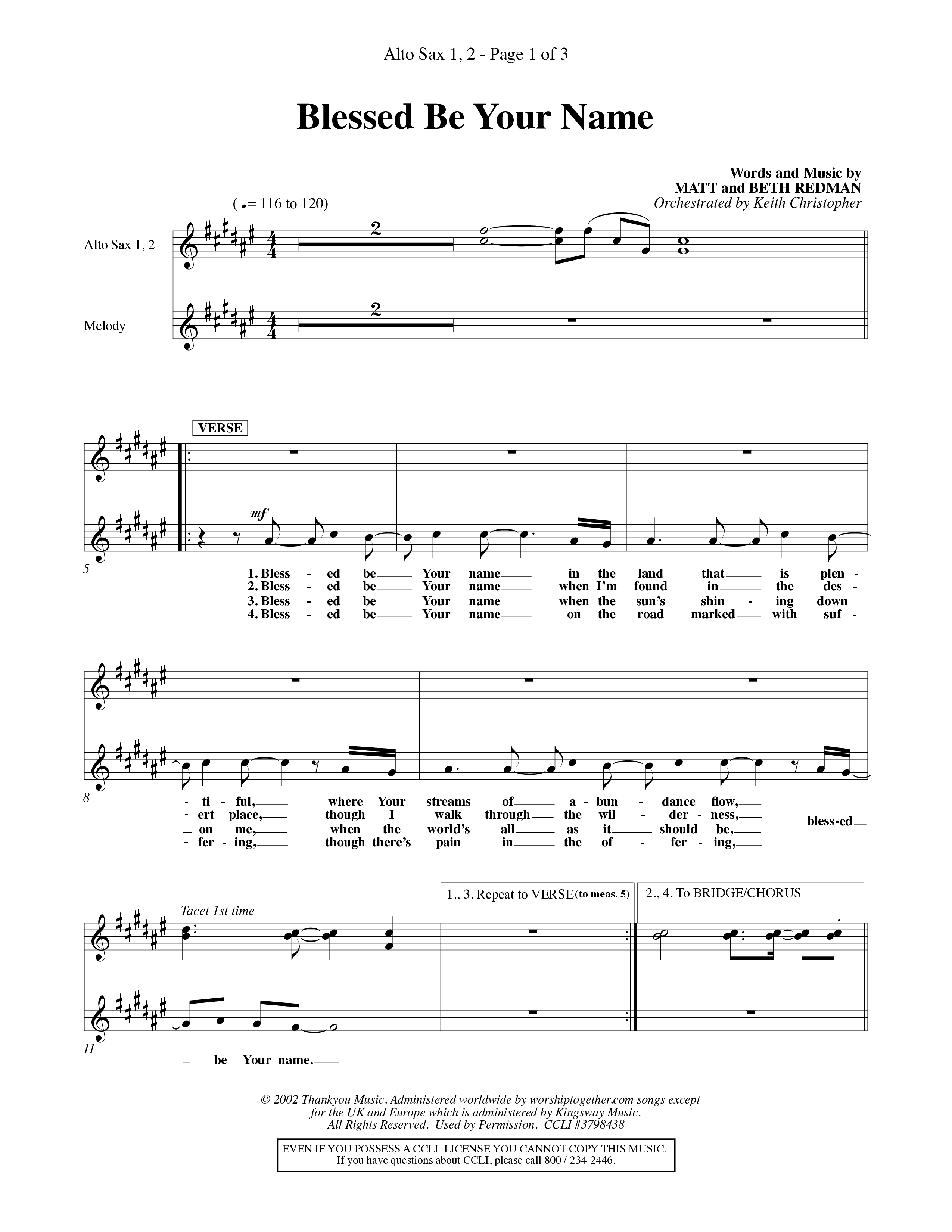 Blessed Be Your Name (Choral Anthem SATB) Alto Sax 1/2 (Word Music Choral / Orch. Keith Christopher)