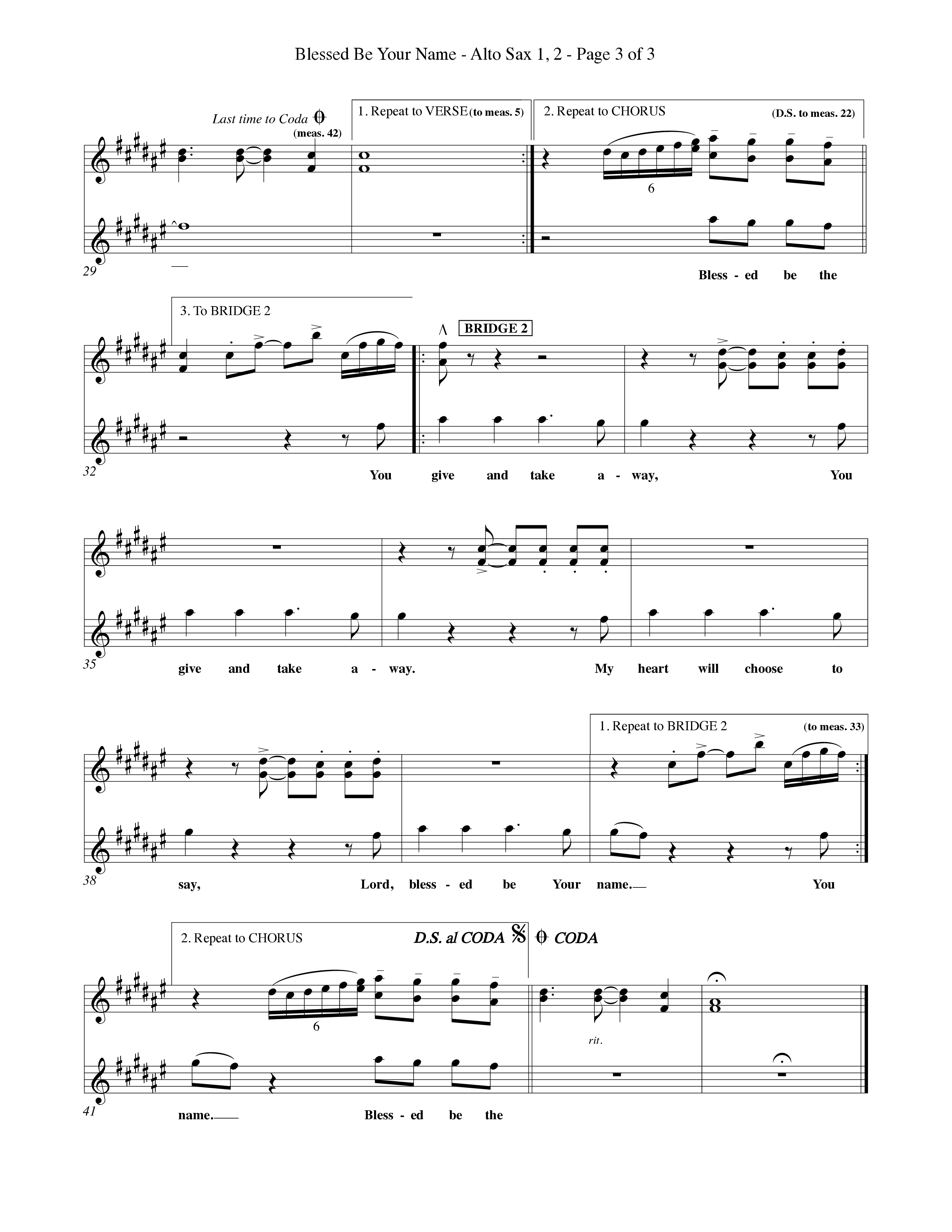 Blessed Be Your Name (Choral Anthem SATB) Alto Sax 1/2 (Word Music Choral / Orch. Keith Christopher)