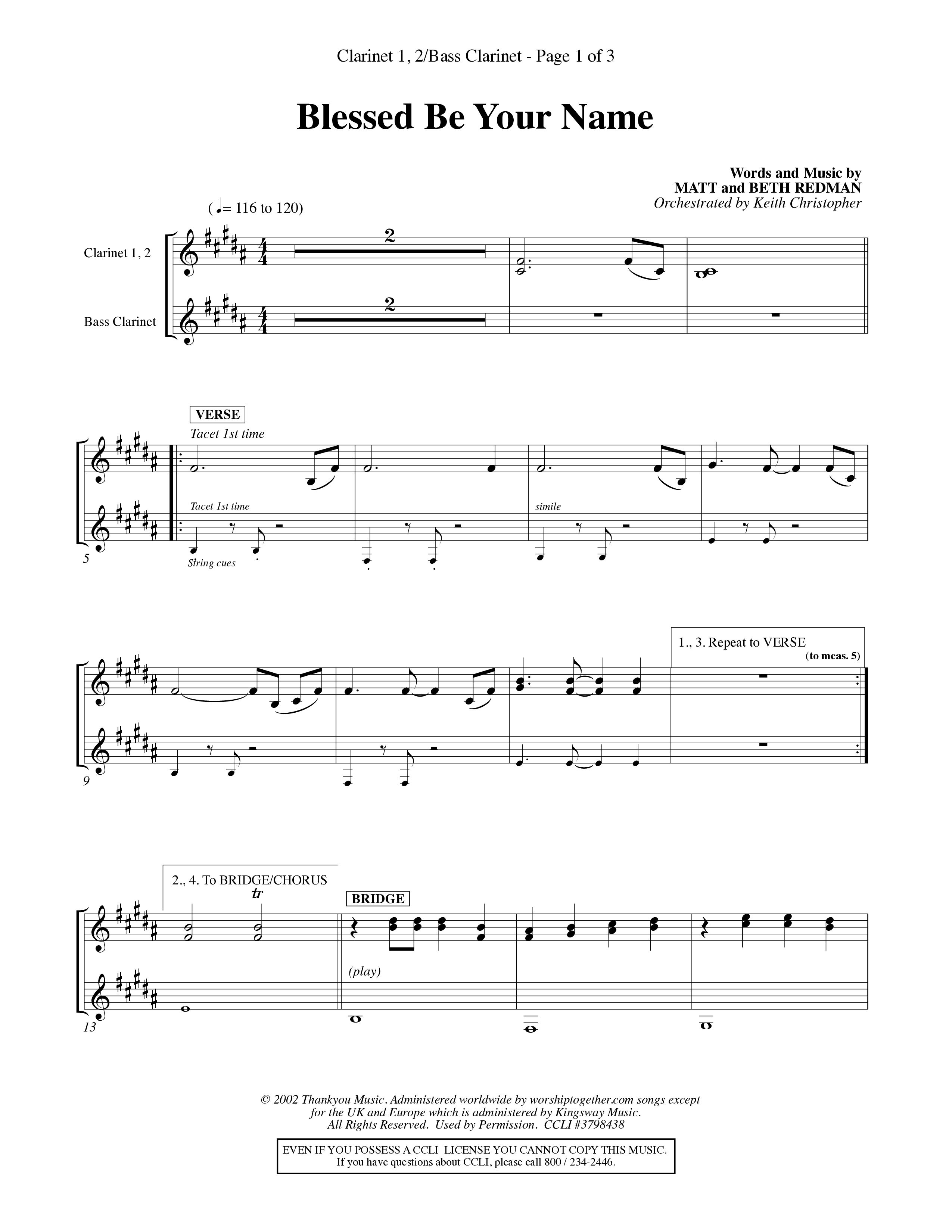 Blessed Be Your Name (Choral Anthem SATB) Clarinet 1/2, Bass Clarinet (Word Music Choral / Orch. Keith Christopher)