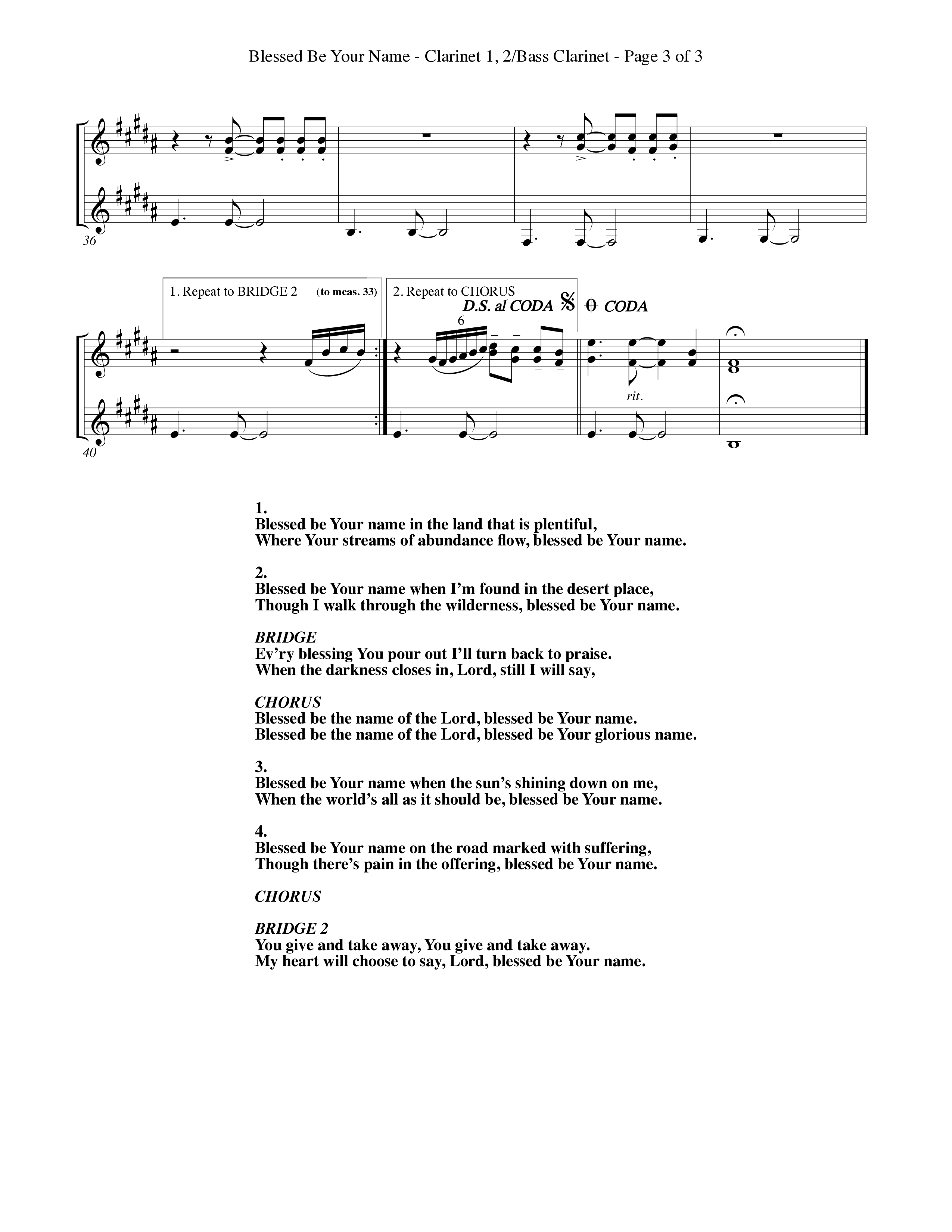 Blessed Be Your Name (Choral Anthem SATB) Clarinet 1/2, Bass Clarinet (Word Music Choral / Orch. Keith Christopher)