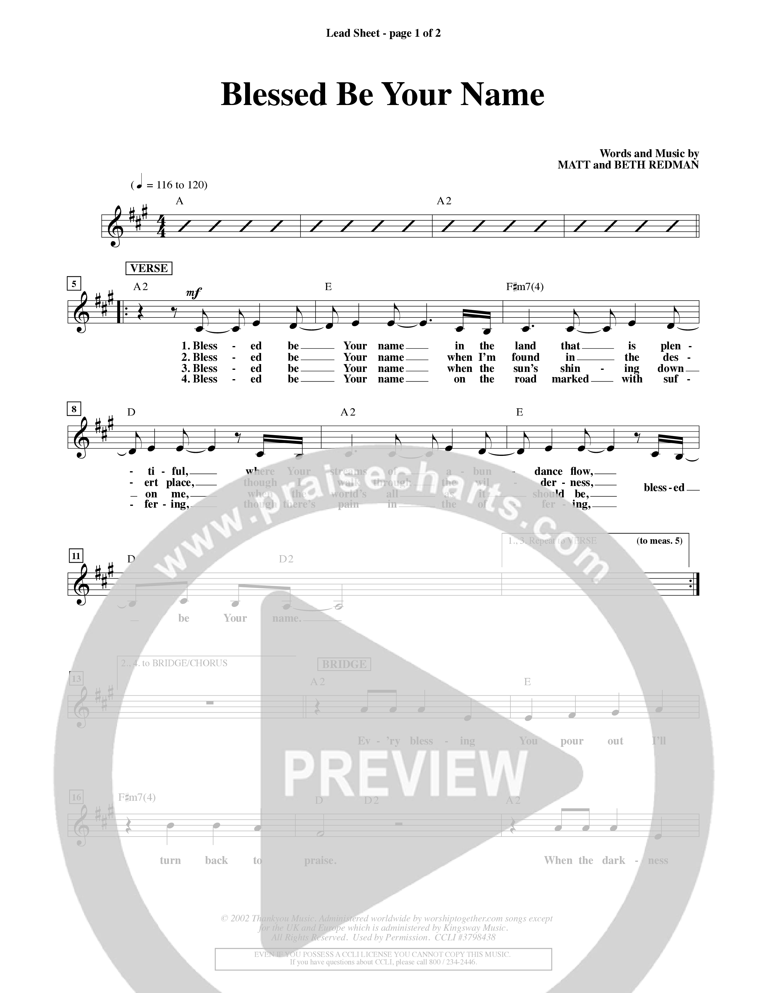 Blessed Be Your Name (Choral Anthem SATB) Lead Sheet (Word Music Choral / Orch. Keith Christopher)