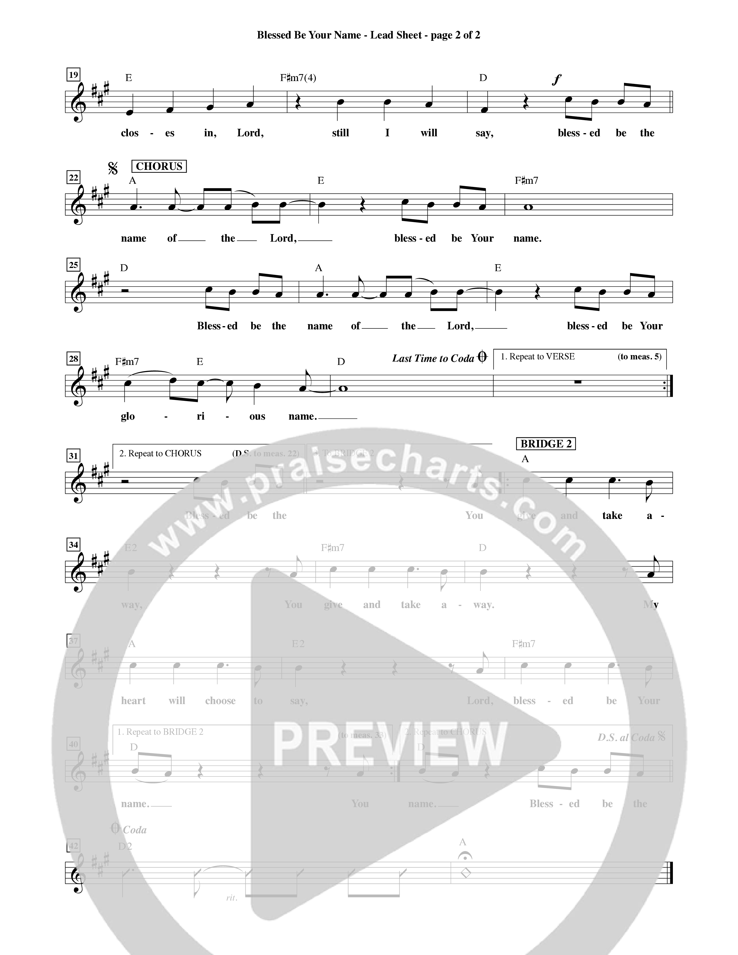 Blessed Be Your Name (Choral Anthem SATB) Lead Sheet (Word Music Choral / Orch. Keith Christopher)