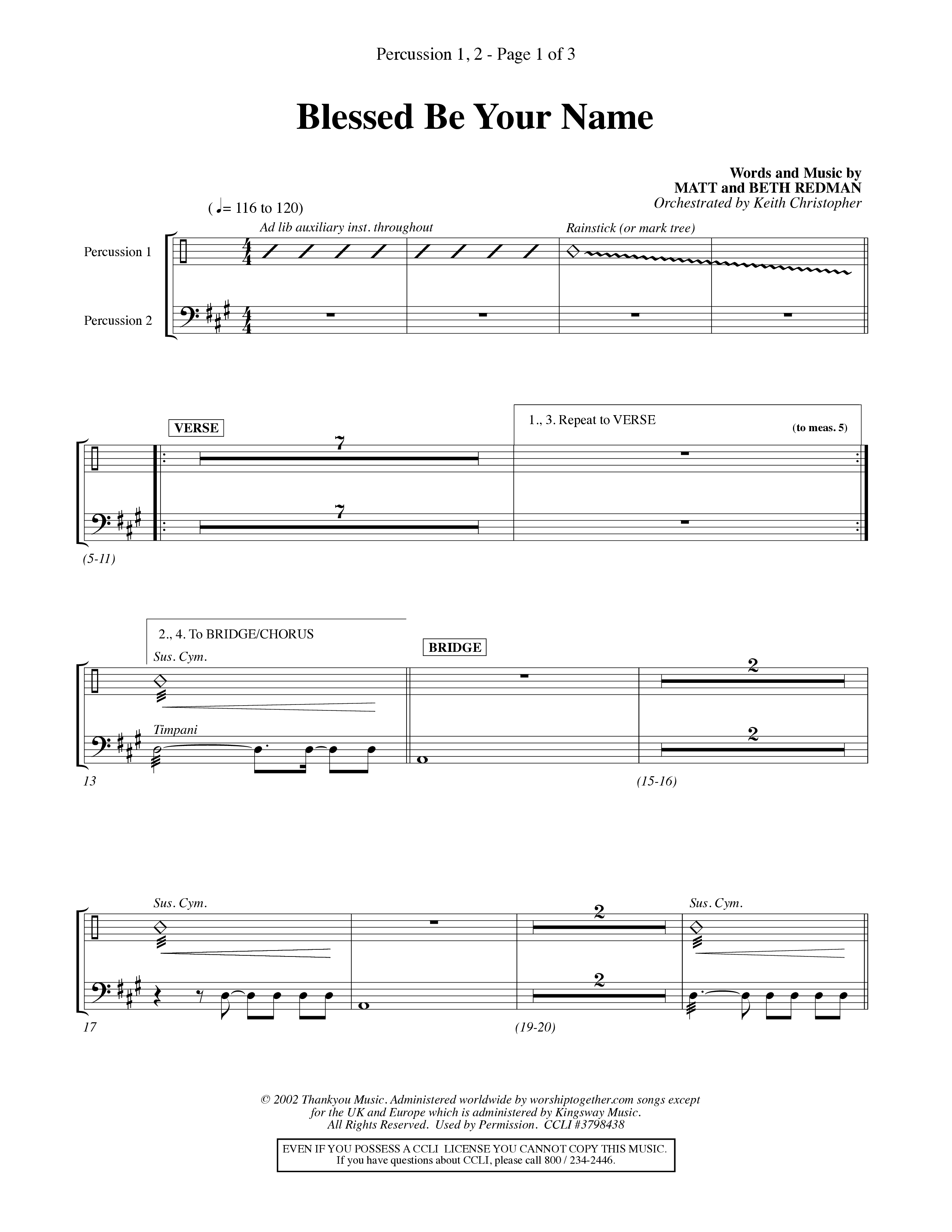 Blessed Be Your Name (Choral Anthem SATB) Percussion 1/2 (Word Music Choral / Orch. Keith Christopher)