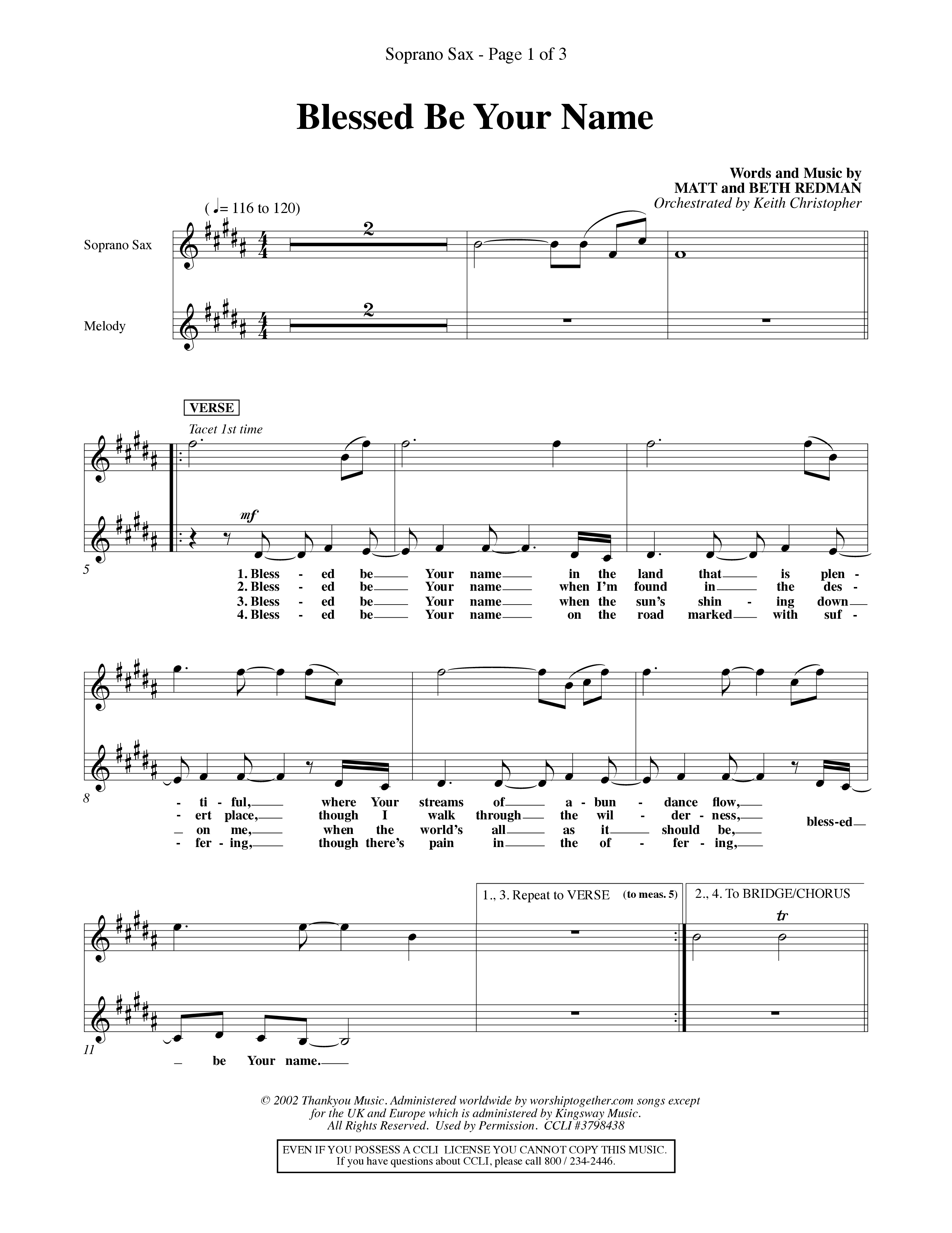 Blessed Be Your Name (Choral Anthem SATB) Saxophone (Word Music Choral / Orch. Keith Christopher)