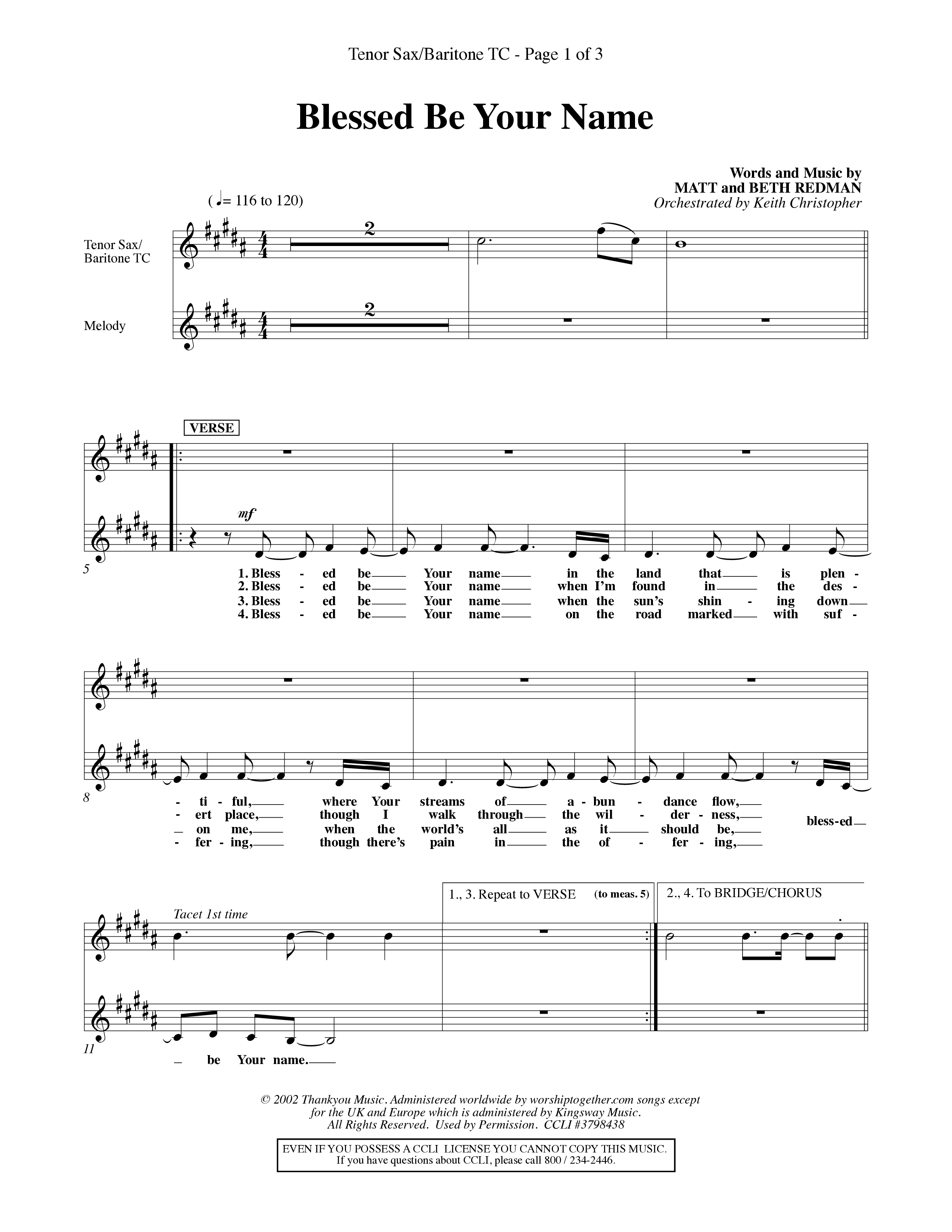 Blessed Be Your Name (Choral Anthem SATB) Tenor Sax/Baritone T.C. (Word Music Choral / Orch. Keith Christopher)