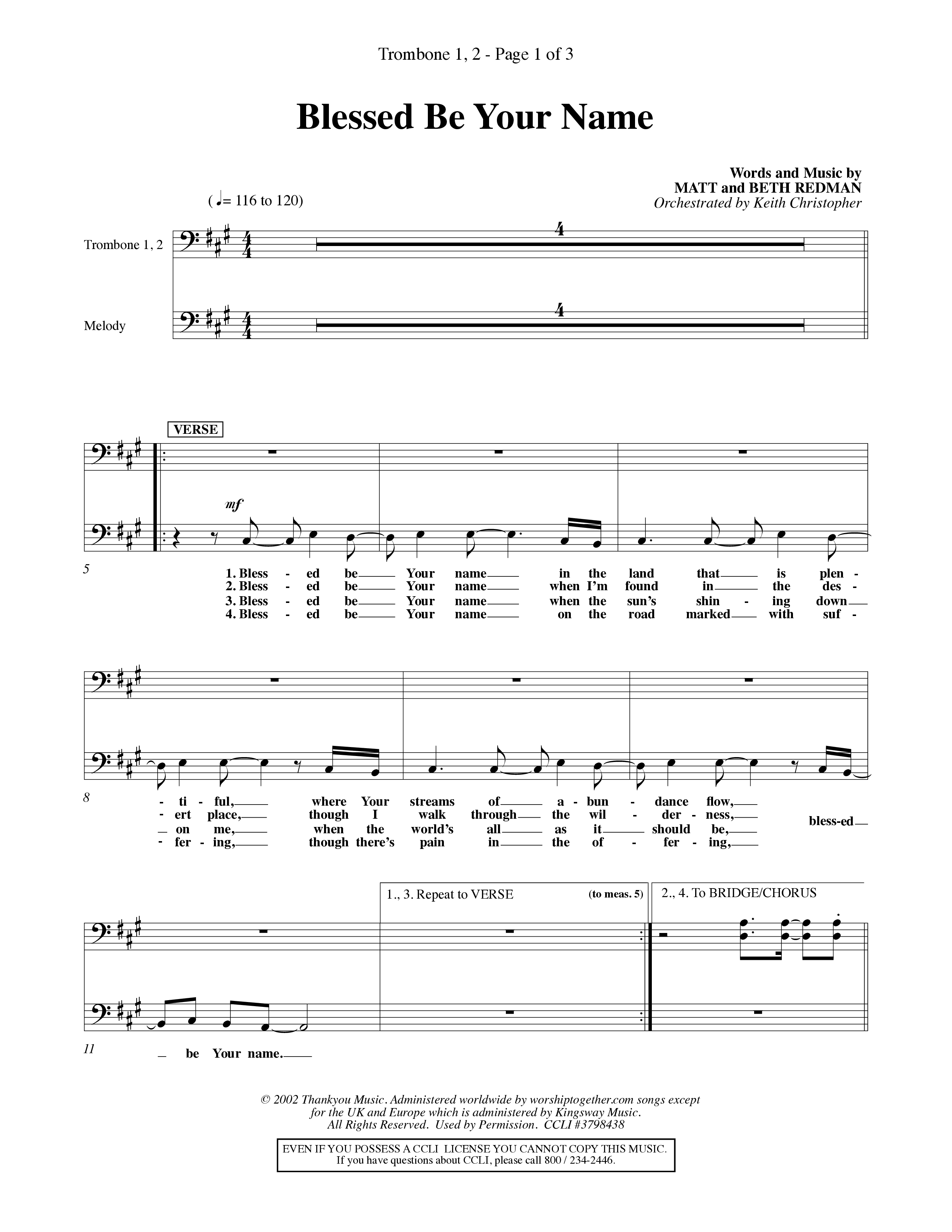 Blessed Be Your Name (Choral Anthem SATB) Trombone 1/2 (Word Music Choral / Orch. Keith Christopher)
