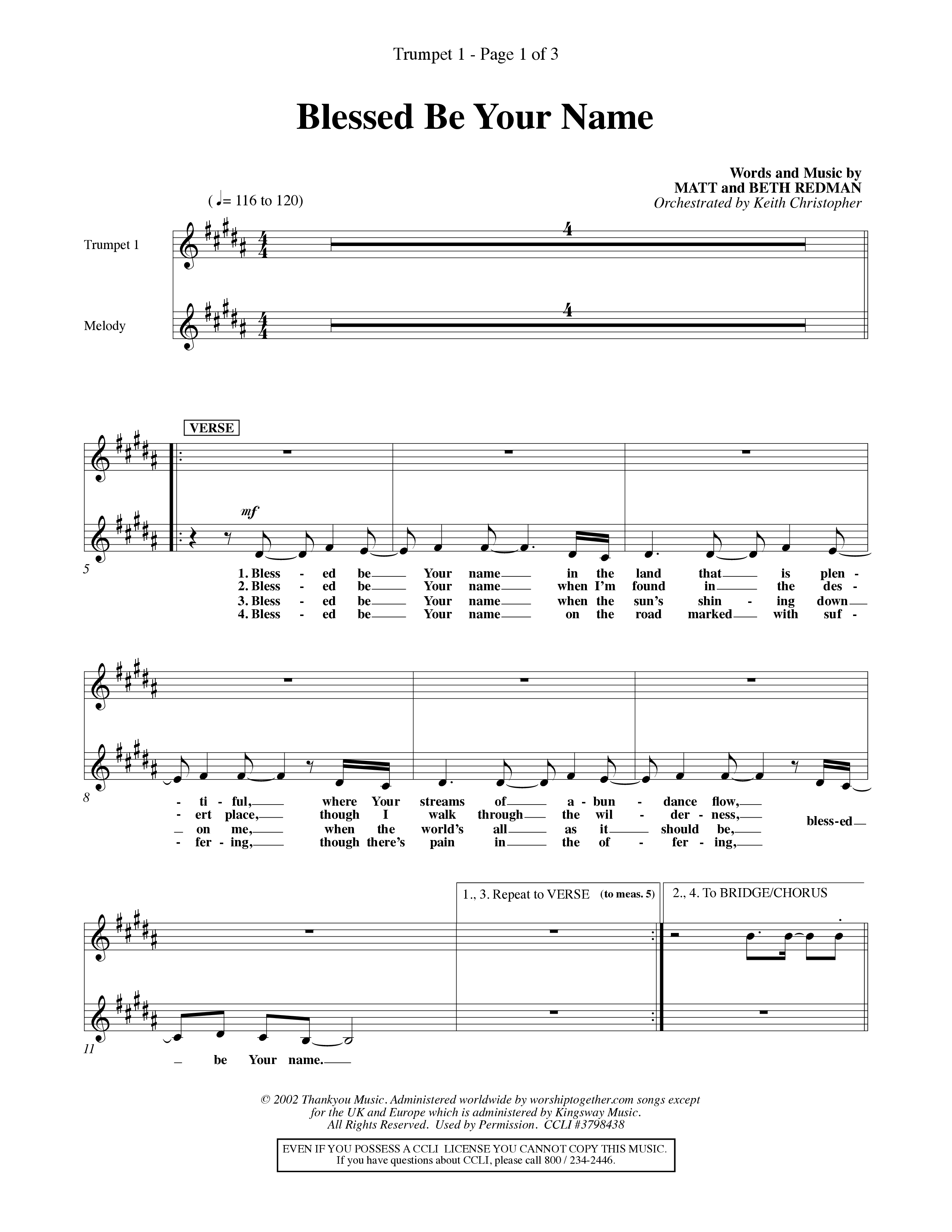 Blessed Be Your Name (Choral Anthem SATB) Trumpet 1 (Word Music Choral / Orch. Keith Christopher)