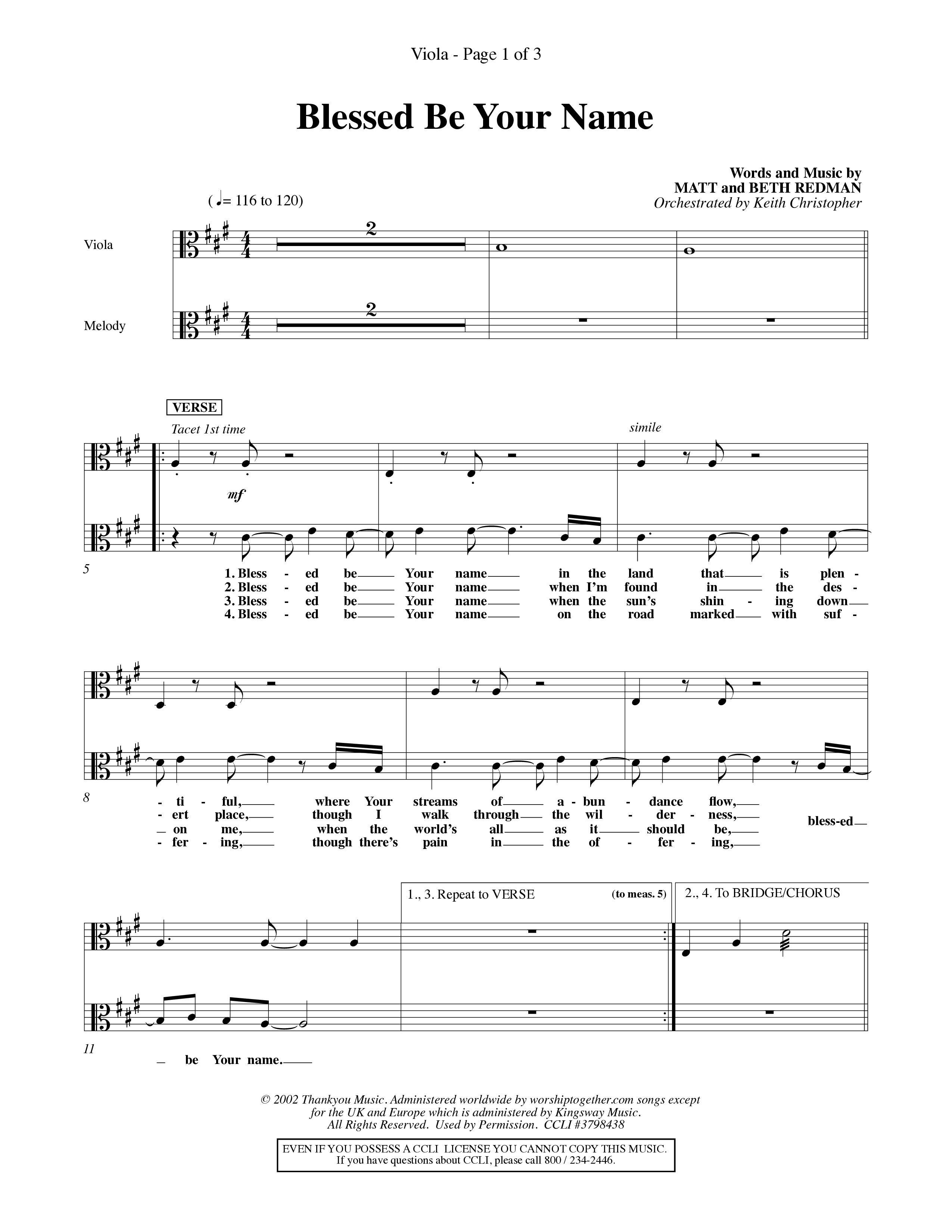 Blessed Be Your Name (Choral Anthem SATB) Viola (Word Music Choral / Orch. Keith Christopher)