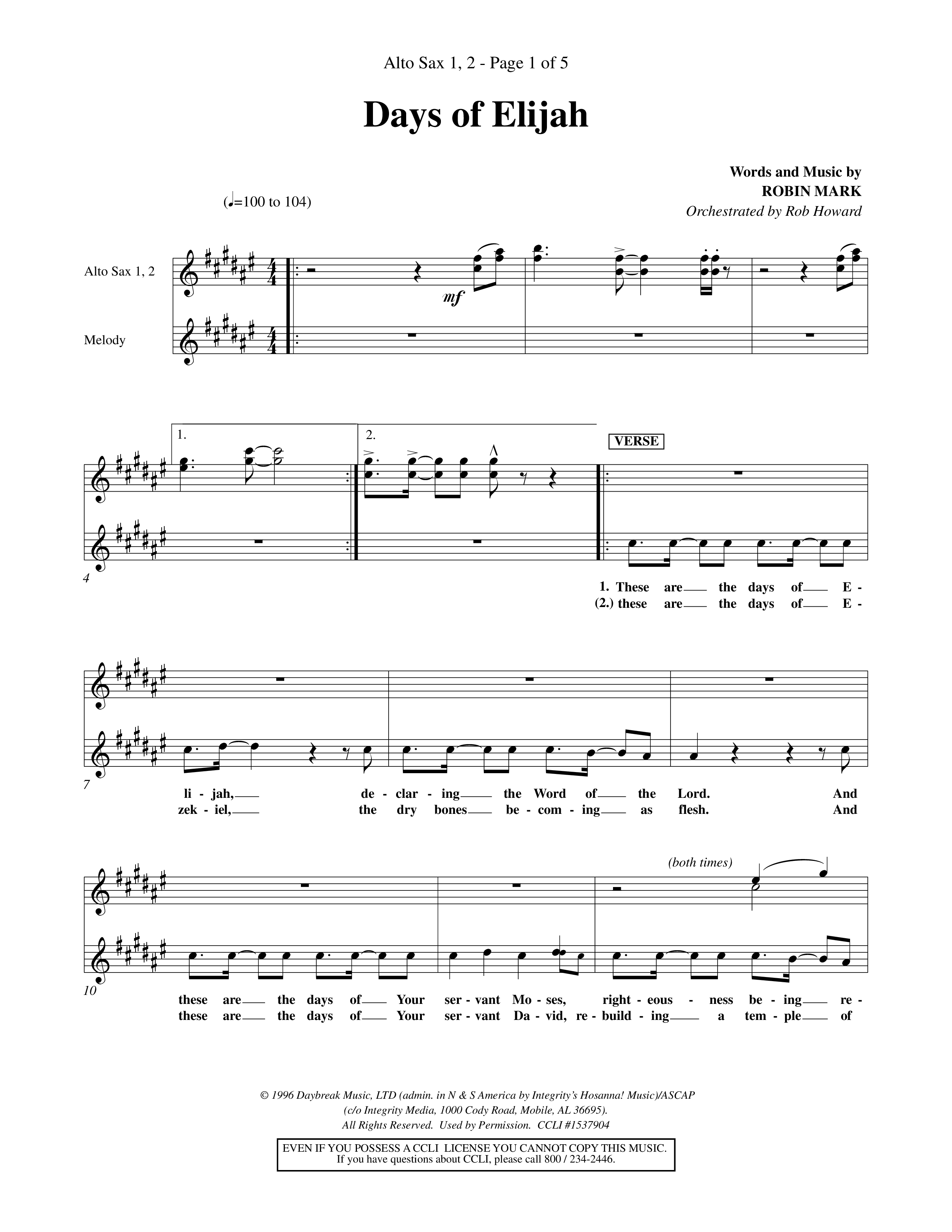 Days of Elijah (Choral Anthem SATB) Alto Sax 1/2 (Word Music Choral / Orch. Rob Howard)