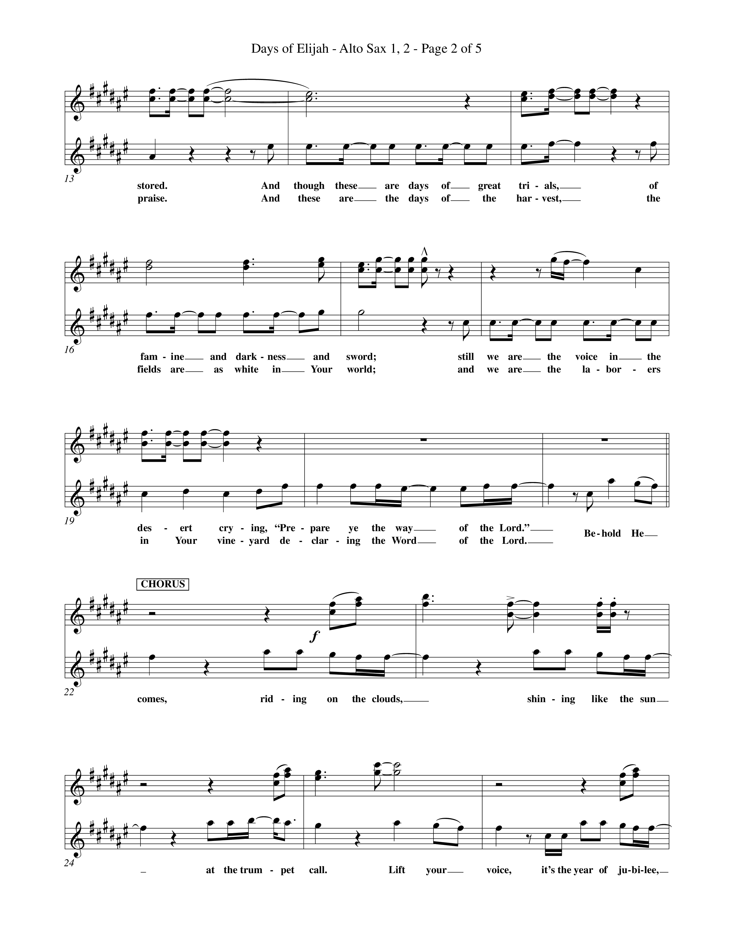 Days of Elijah (Choral Anthem SATB) Alto Sax 1/2 (Word Music Choral / Orch. Rob Howard)