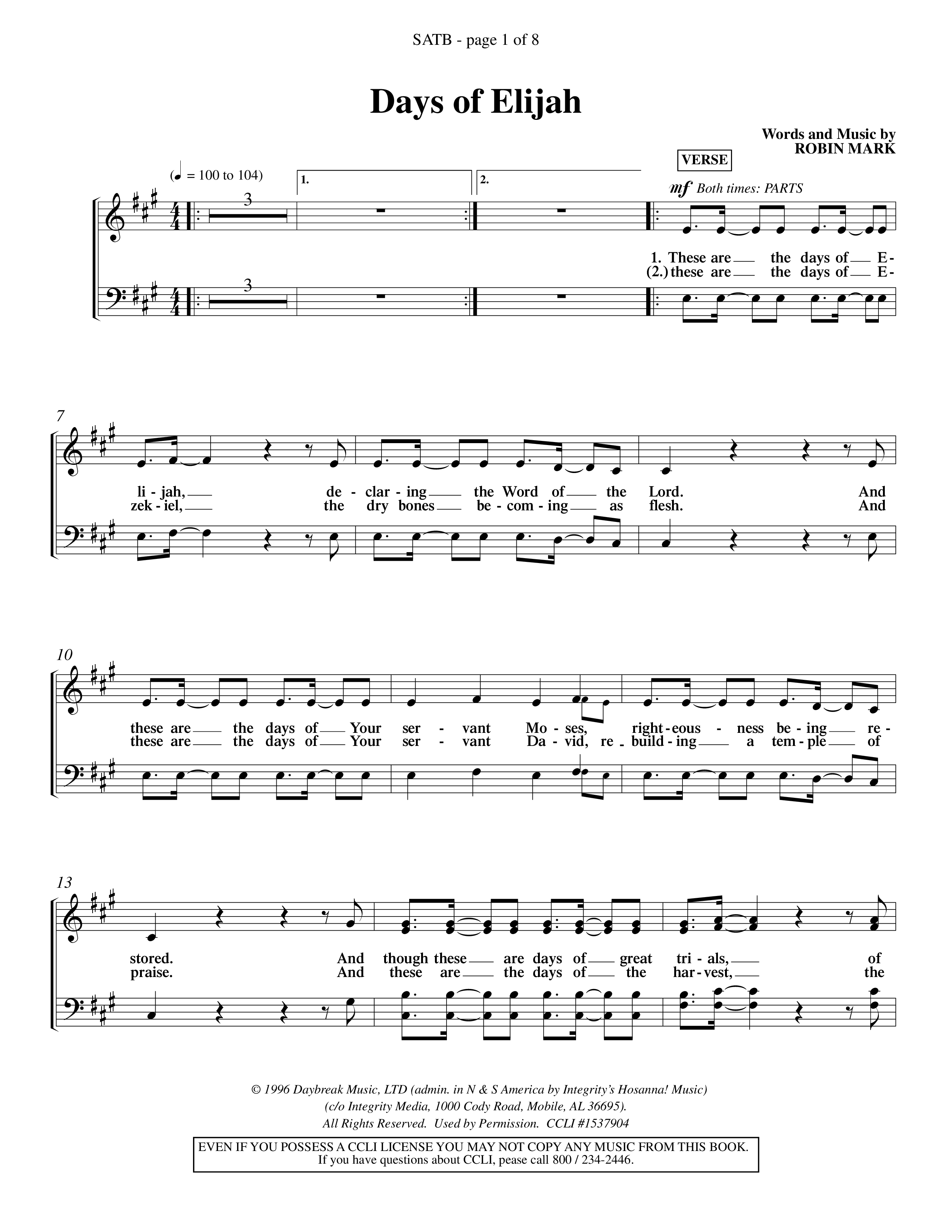 Days of Elijah (Choral Anthem SATB) Choir Sheet (SATB) (Word Music Choral / Orch. Rob Howard)