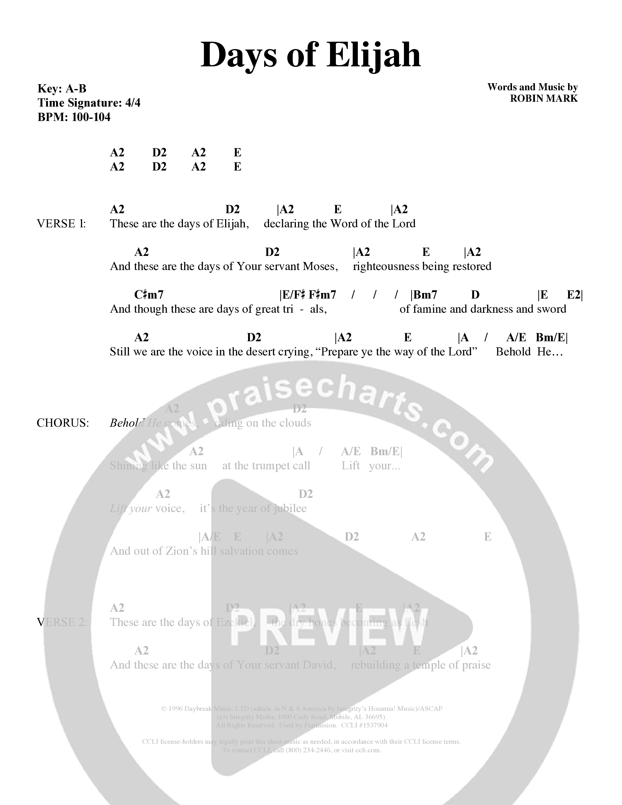Days of Elijah (Choral Anthem SATB) Chords & Lyrics (Word Music Choral / Orch. Rob Howard)