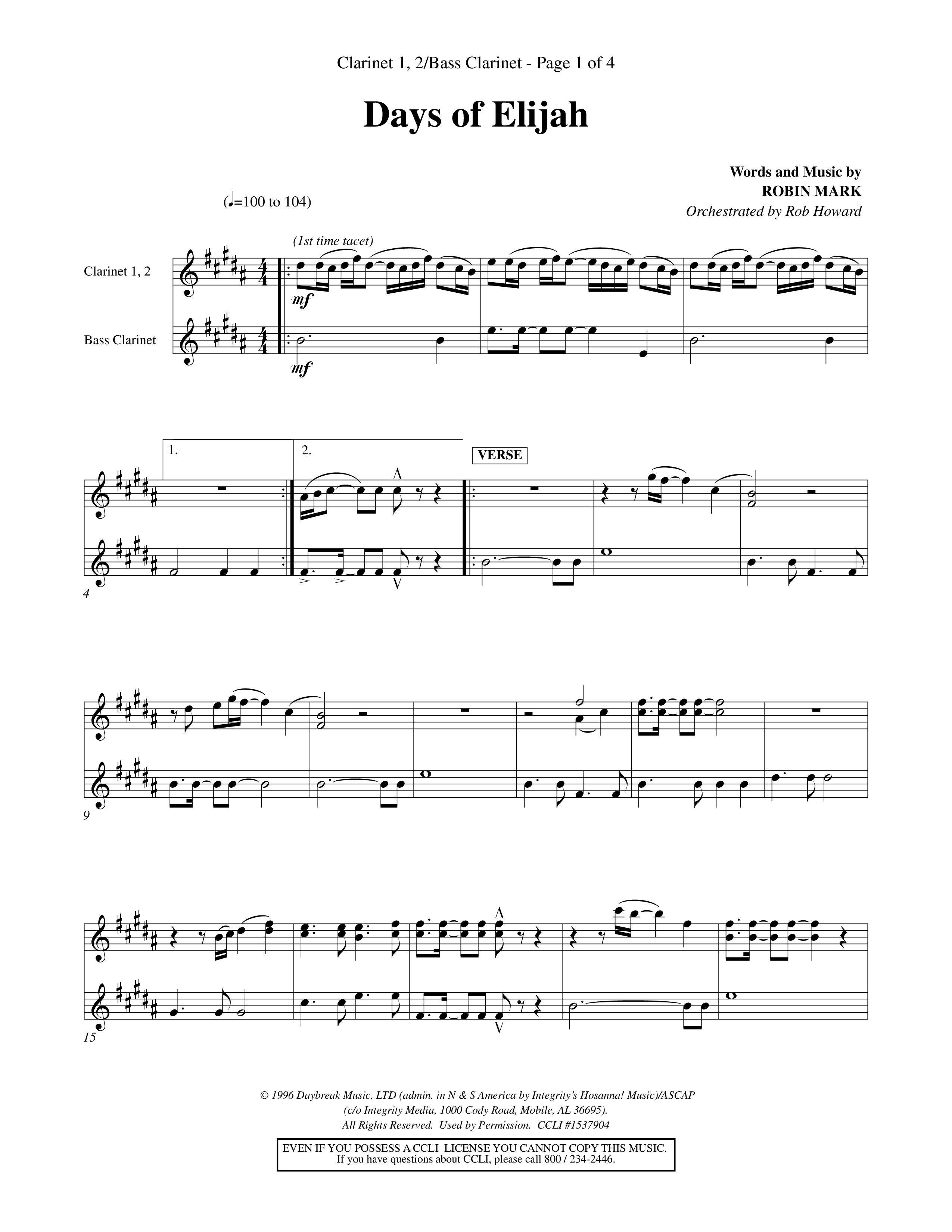Days of Elijah (Choral Anthem SATB) Clarinet 1/2, Bass Clarinet (Word Music Choral / Orch. Rob Howard)