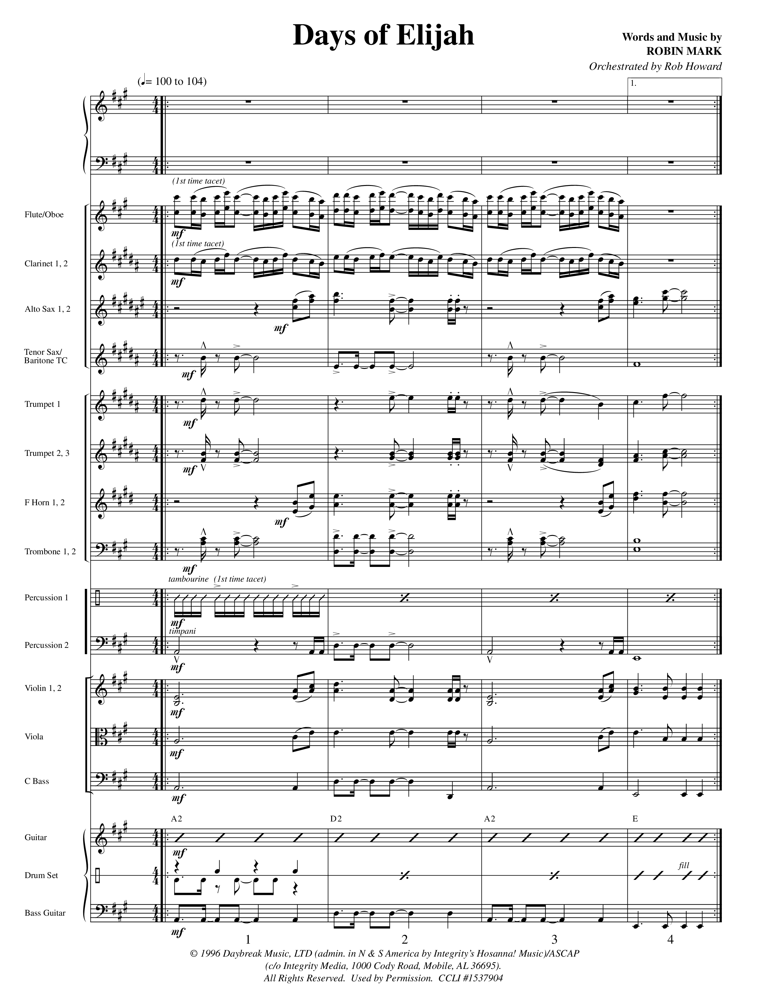 Days of Elijah (Choral Anthem SATB) Conductor's Score (Word Music Choral / Orch. Rob Howard)