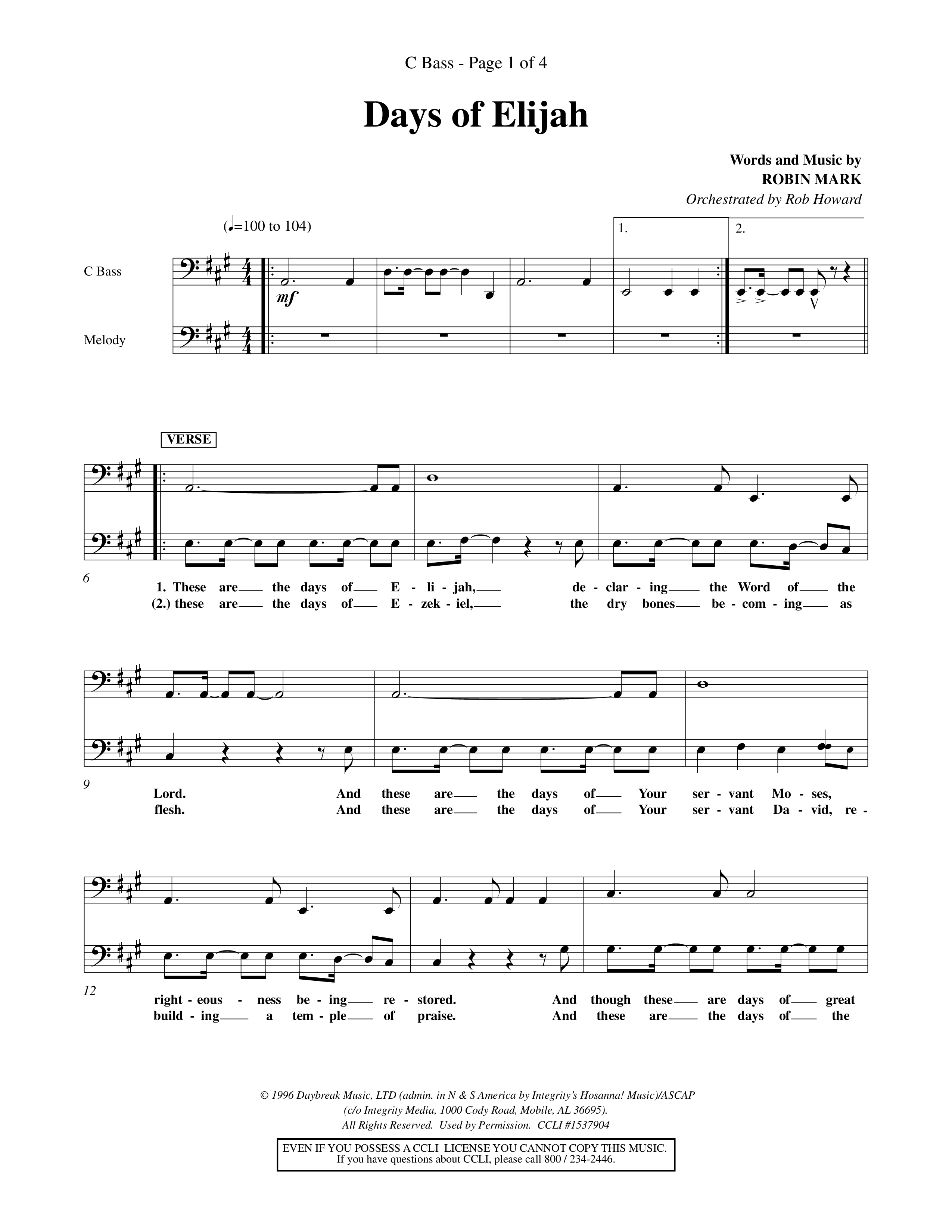 Days of Elijah (Choral Anthem SATB) Contrabass (Word Music Choral / Orch. Rob Howard)