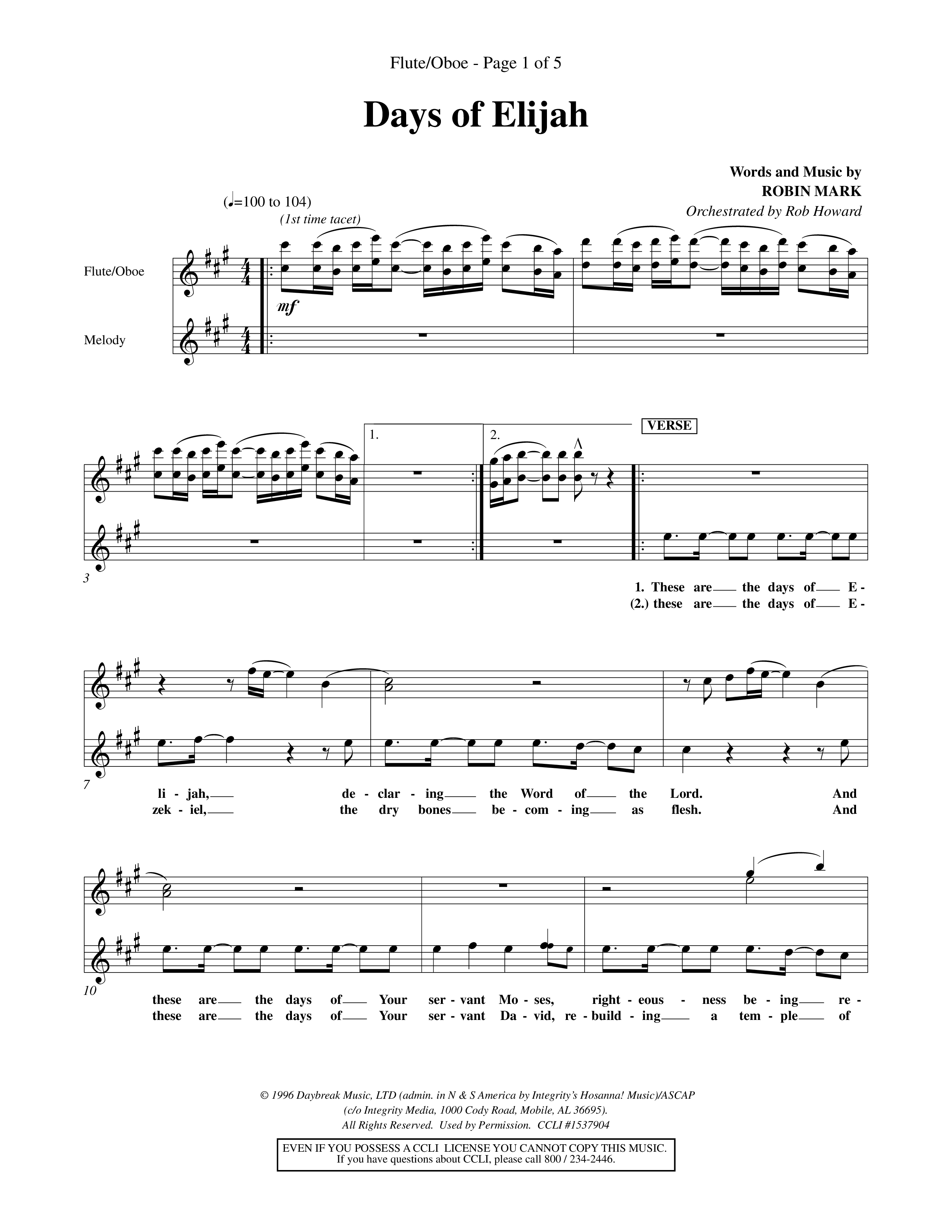 Days of Elijah (Choral Anthem SATB) Flute/Oboe (Word Music Choral / Orch. Rob Howard)