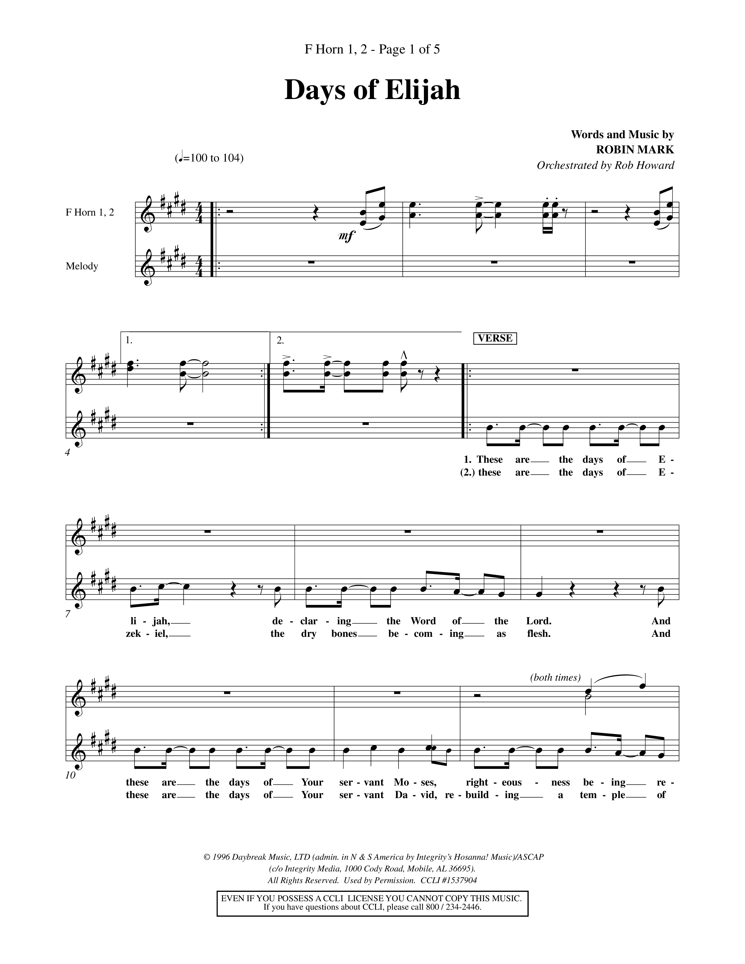 Days of Elijah (Choral Anthem SATB) French Horn (Word Music Choral / Orch. Rob Howard)