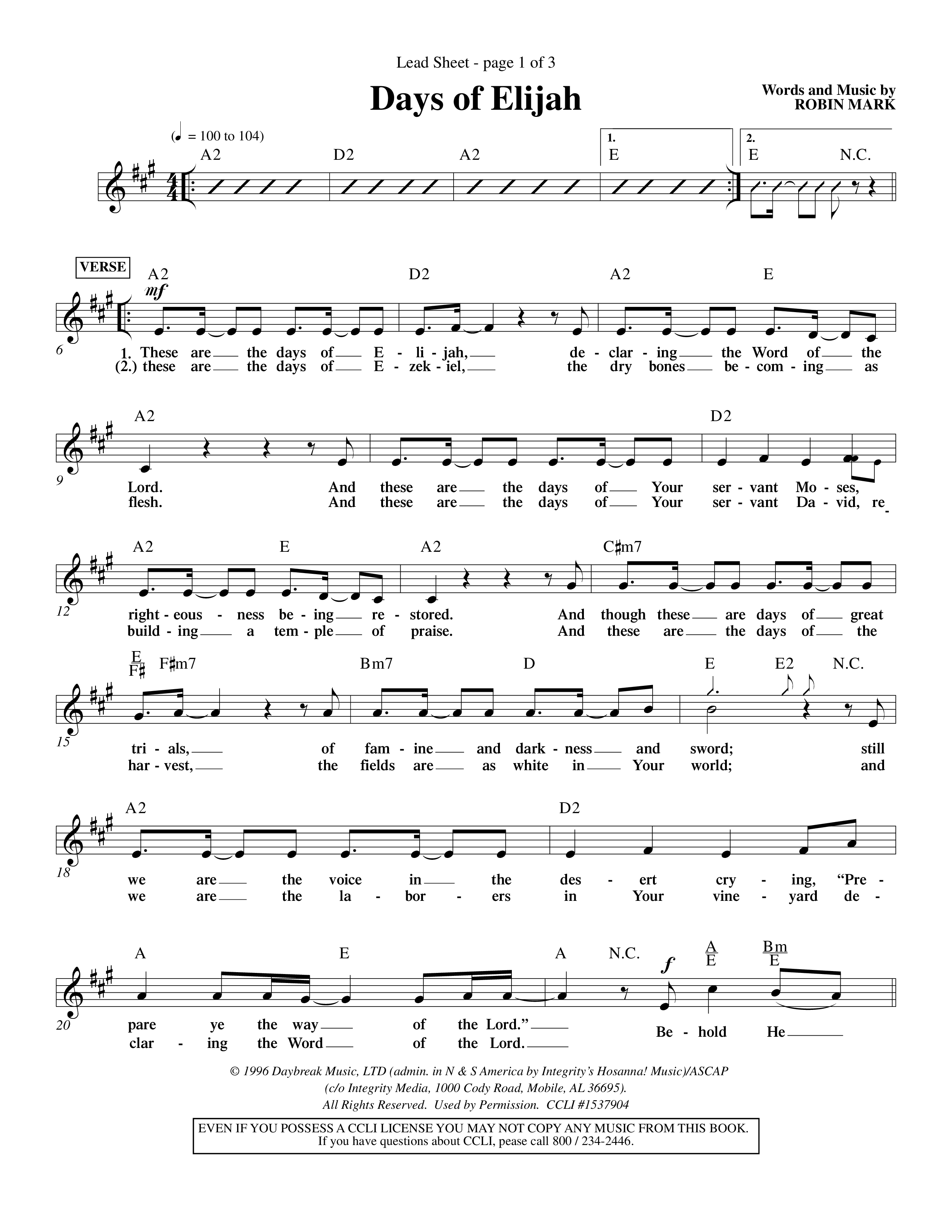 Days of Elijah (Choral Anthem SATB) Lead Sheet (Word Music Choral / Orch. Rob Howard)