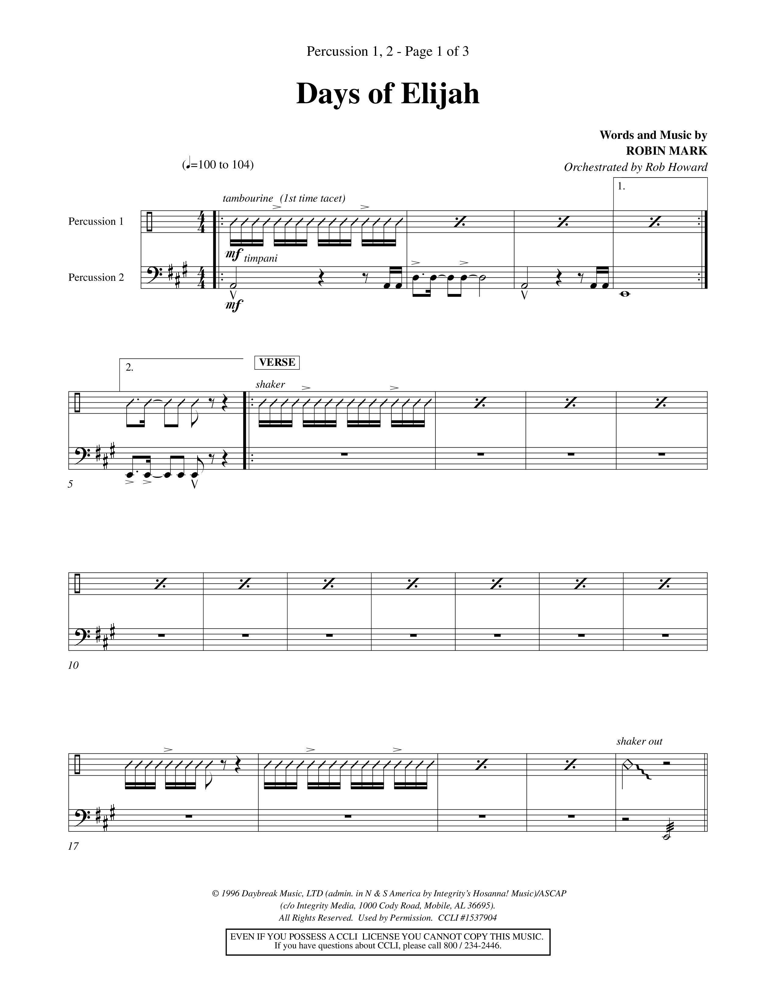Days of Elijah (Choral Anthem SATB) Percussion 1/2 (Word Music Choral / Orch. Rob Howard)