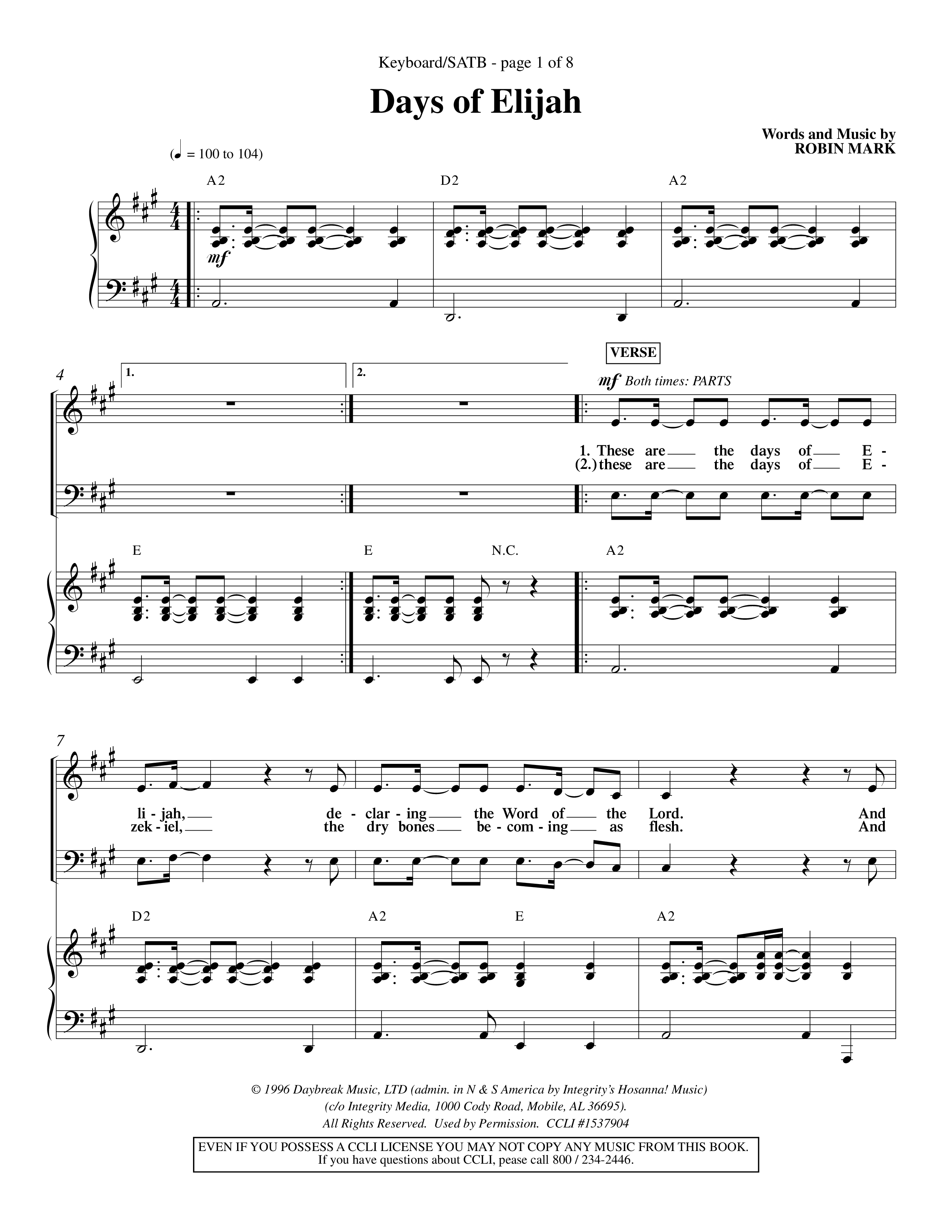 Days of Elijah (Choral Anthem SATB) Keyboard/Vocal (SATB) (Word Music Choral / Orch. Rob Howard)