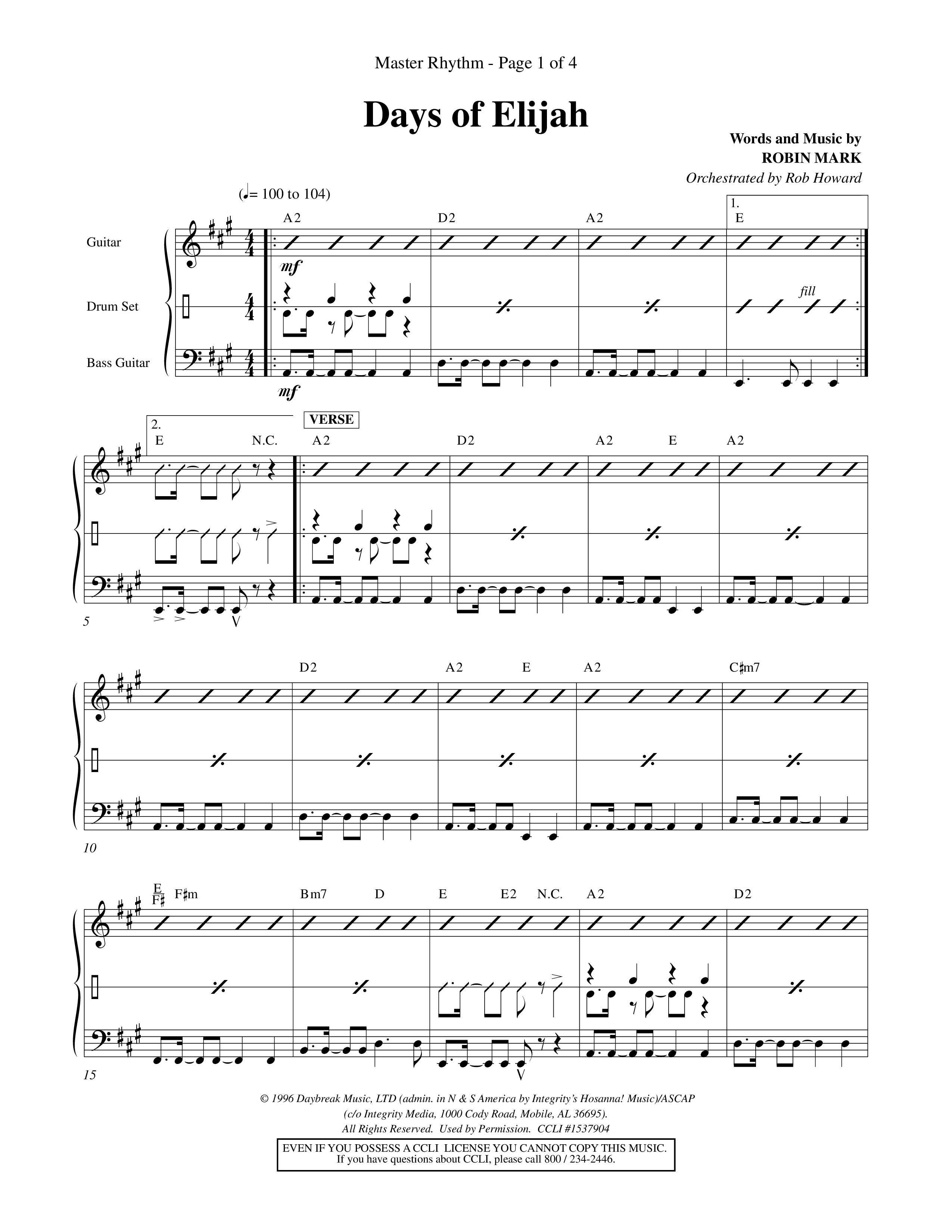Days of Elijah (Choral Anthem SATB) Rhythm Chart (Word Music Choral / Orch. Rob Howard)