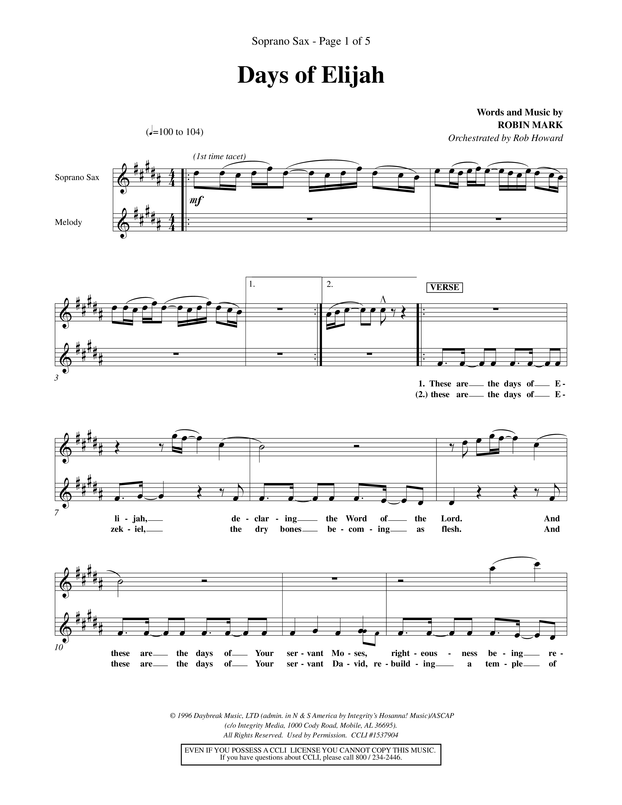 Days of Elijah (Choral Anthem SATB) Saxophone (Word Music Choral / Orch. Rob Howard)